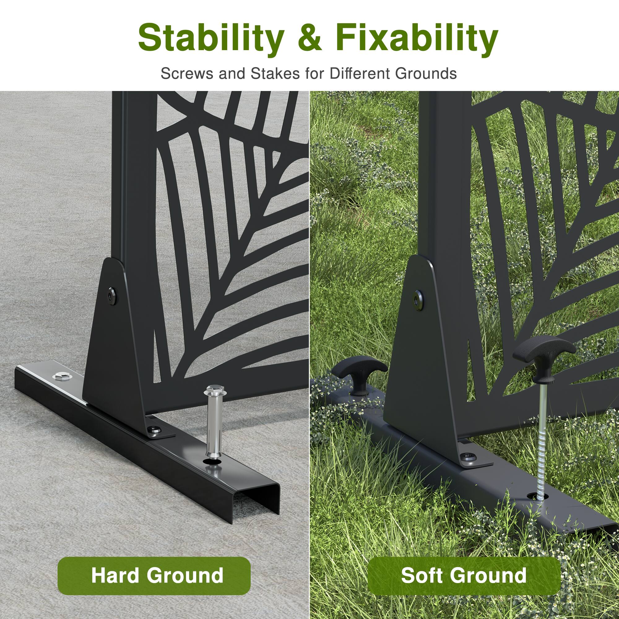 Stability & Fixability  
Screws and Stakes for Different Grounds  

Hard Ground  
Soft Ground