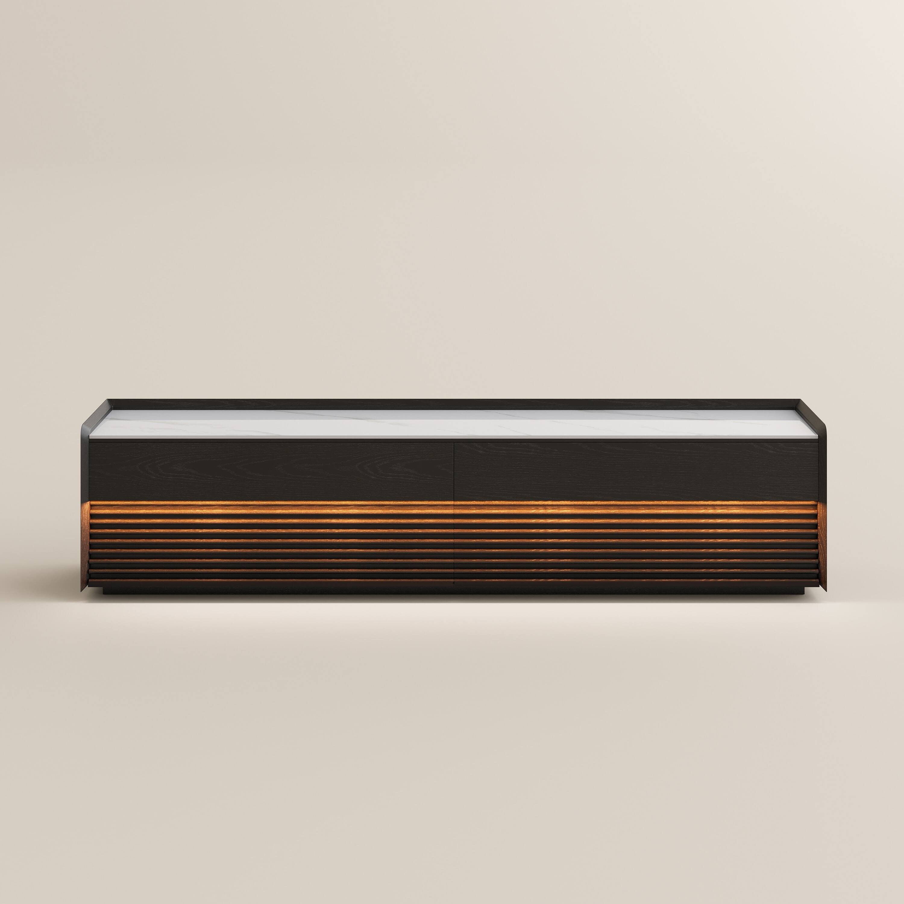 Alt View 7. POVISON - 79" Fully-Assembled Mid-Century Matte Sintered Stone Tabletop TV Stand, Black Color Cabinet with Adjustable Light - Glossy White & Black.