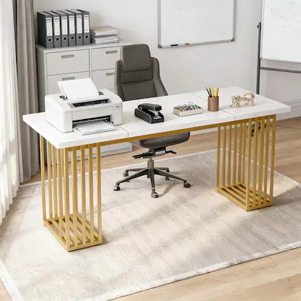 Front. Forest'nSky - Elegant Executive Computer Desk with Premium Design for Functional Home Office,White - White.