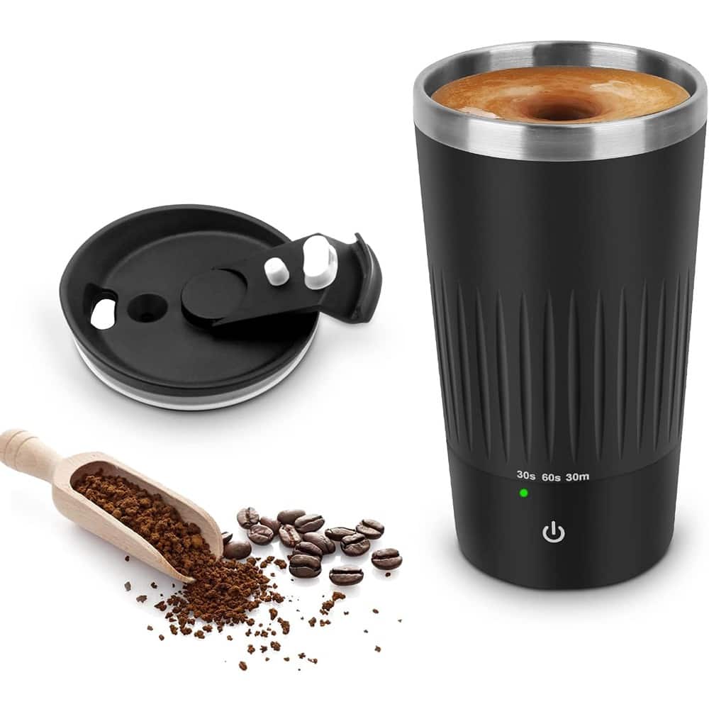 Schertz - Rechargeable Self-Stirring Coffee Mug, 13.5oz Stainless Steel Travel Cup - Black
