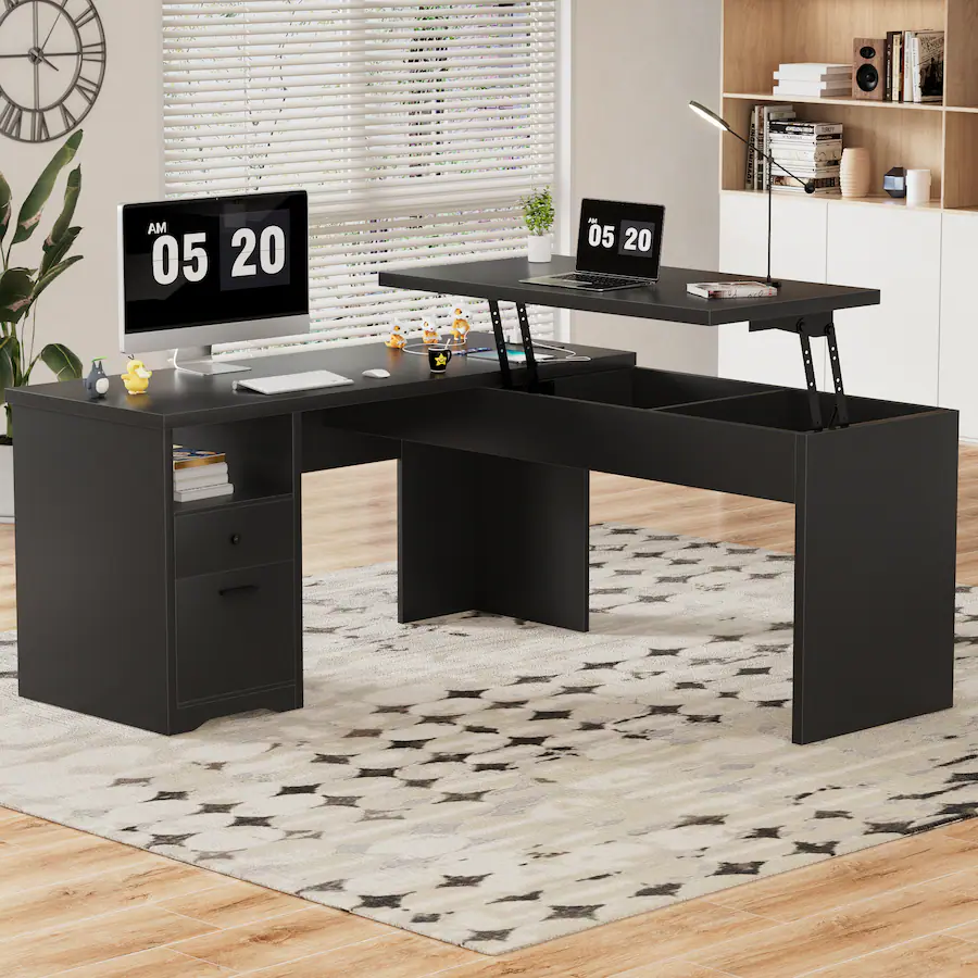 Drop Top Computer Desk Aheaplus 56'' Lift Top Computer Desk with Drawers and Power Outlets ...