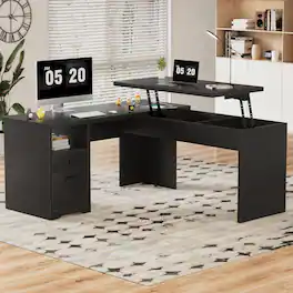 Aheaplus - 56'' Lift Top Computer Desk with Drawers and Power Outlets, Lift Top Executive Desk - Black