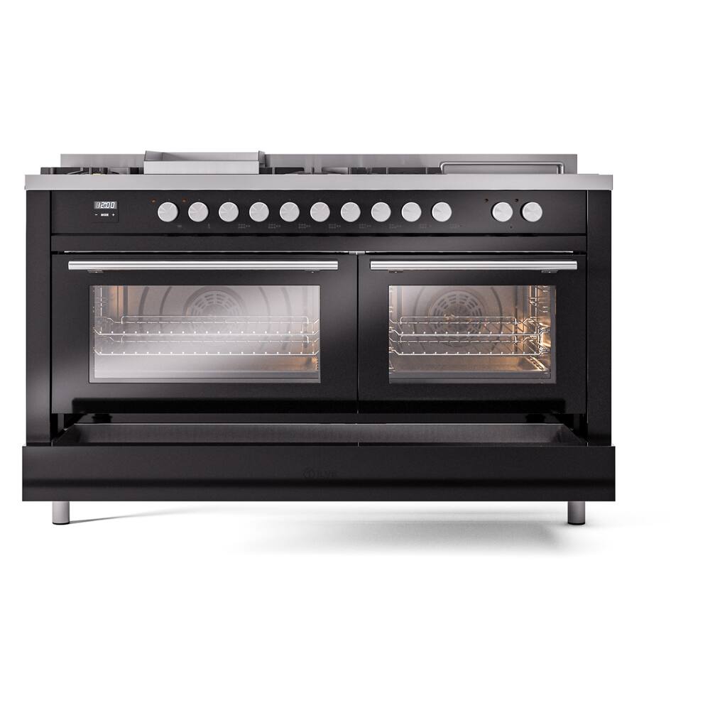 Alt View 5. ILVE - ILVE Professional Plus II Series 60 in. Dual Fuel Range with 7 Sealed Burners + Griddle (Liquid Propane, Satin Trim) - Glossy Black.