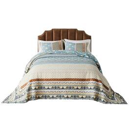 Greenland Home Fashions - Thalia Stylized Florals and Geometric Prints Bohemian 3 Piece Bedspread Set Queen - Blue