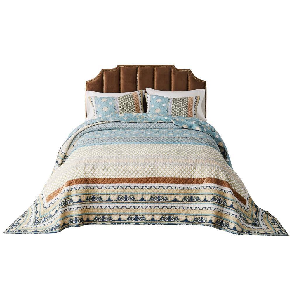 Front. Greenland Home Fashions - Greenland Home Fashions Thalia Stylized Florals and Geometric Prints Bohemian 3 Piece Bedspread Set King/Cal King Blue - Blue.
