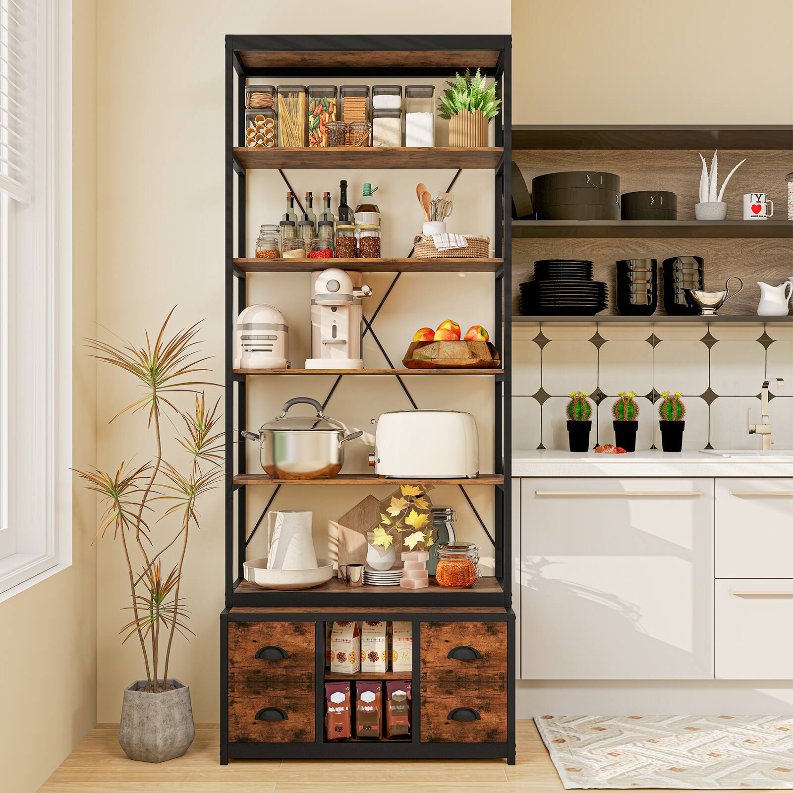 Alt View 1. Gymax - Gymax 8-tier Bookshelf 79'' Freestanding Bookcase w/ 4 Fabric Drawers & Storage - Rustic Brown.