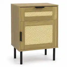 WELLFOR - Rattan Nightstand with Drawer and Storage Cabinet for Bedroom or Dorm - Natrual
