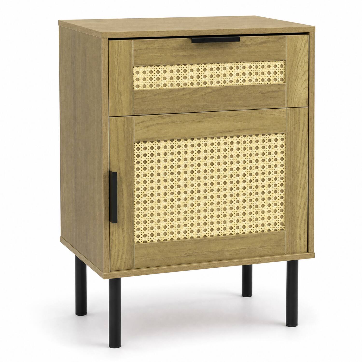 Front. WELLFOR - Rattan Nightstand with Drawer and Storage Cabinet for Bedroom or Dorm - Natrual.