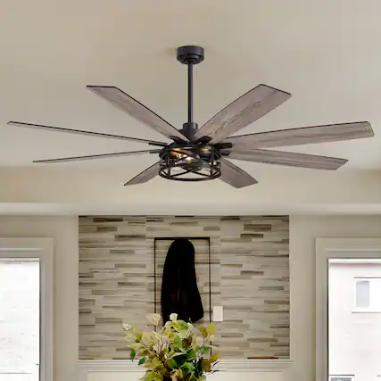 Front. Siljoy - 72-Inch Industrial Caged Ceiling Fan with Light - 8 Weathered Gray Blades, Reversible Motor & Adjustable Downrod Mount.