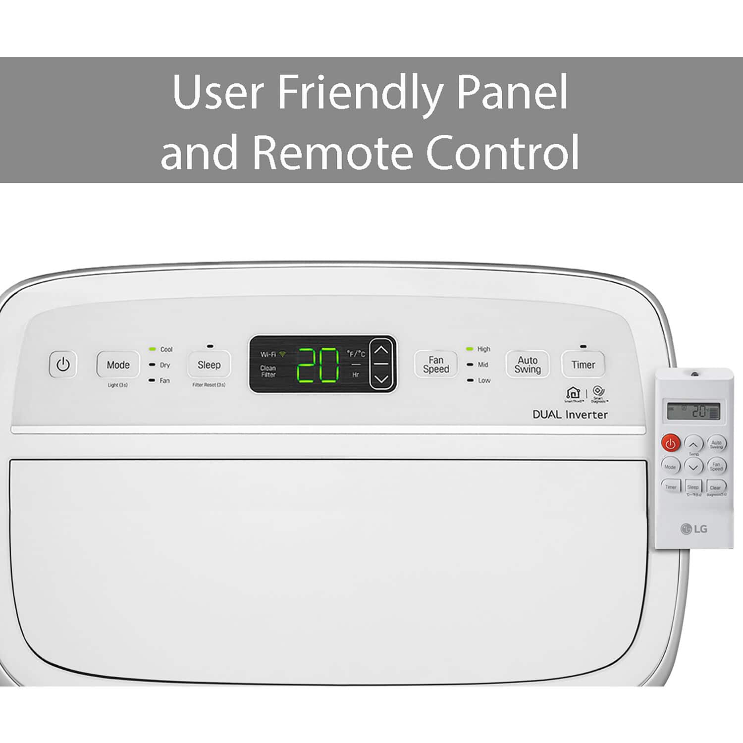 The text on the image is grouped as follows:
1. User Friendly Panel and Remote Control:
2. Mode: DE Cool Dry Fan Sleep
3. Fan Speed: 20 H (High) - 20 L (Low)
4. Auto Swing Timer
5. DUAL Inverter
6. Made - EO ON LG