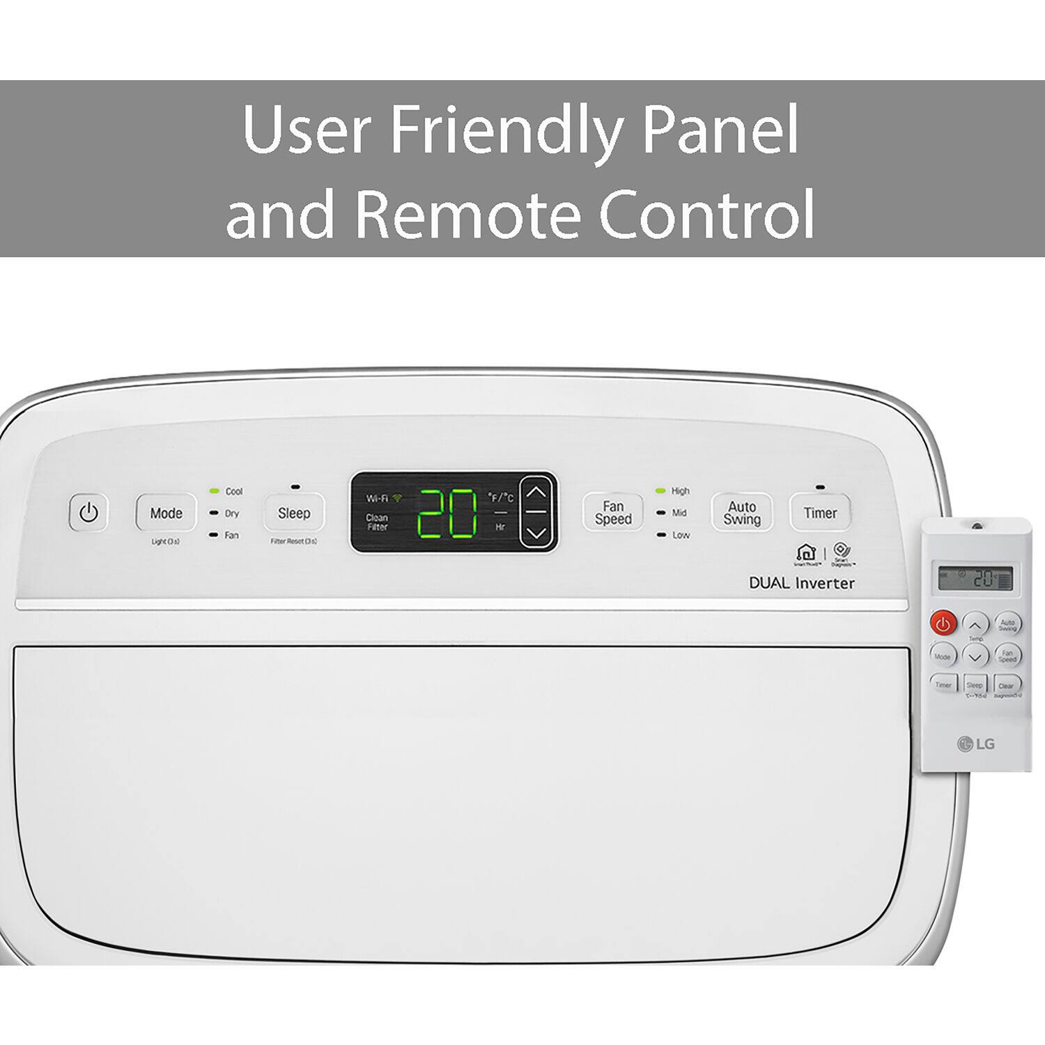 The text on the image is grouped as follows:

1. User Friendly Panel and Remote Control:
2. Mode: DE Cool Dry Fan Sleep
3. Fan Speed: 20 H (High) - 20 L (Low)
4. Auto Swing Timer
5. DUAL Inverter
6. Made - EO ON LG