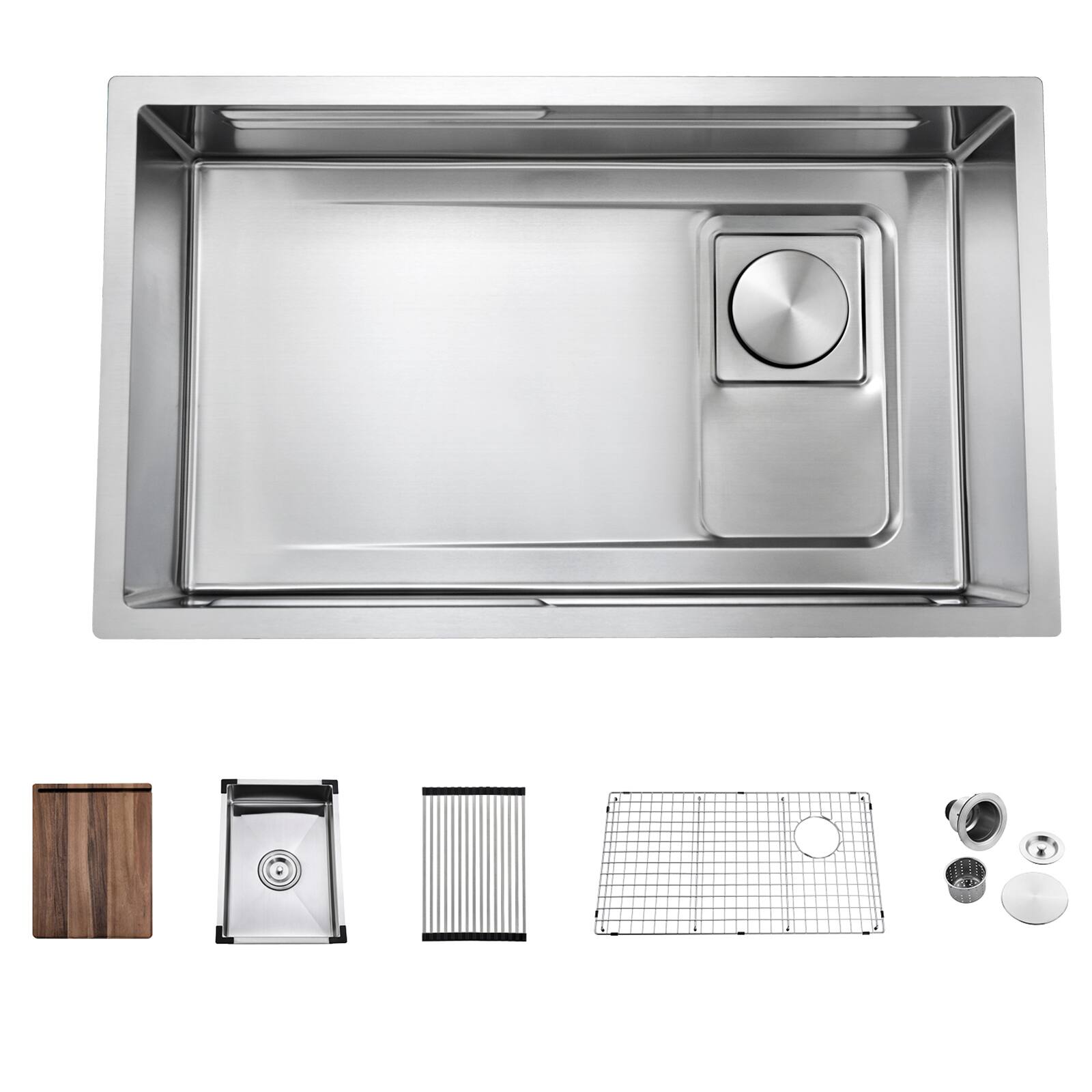 Alt View 10. Akicon - Akicon 32 in. Undermount Workstation Single Bowl 18-Gauge Stainless Steel Kitchen Sink with Grid, Board and Accessories - Silver.