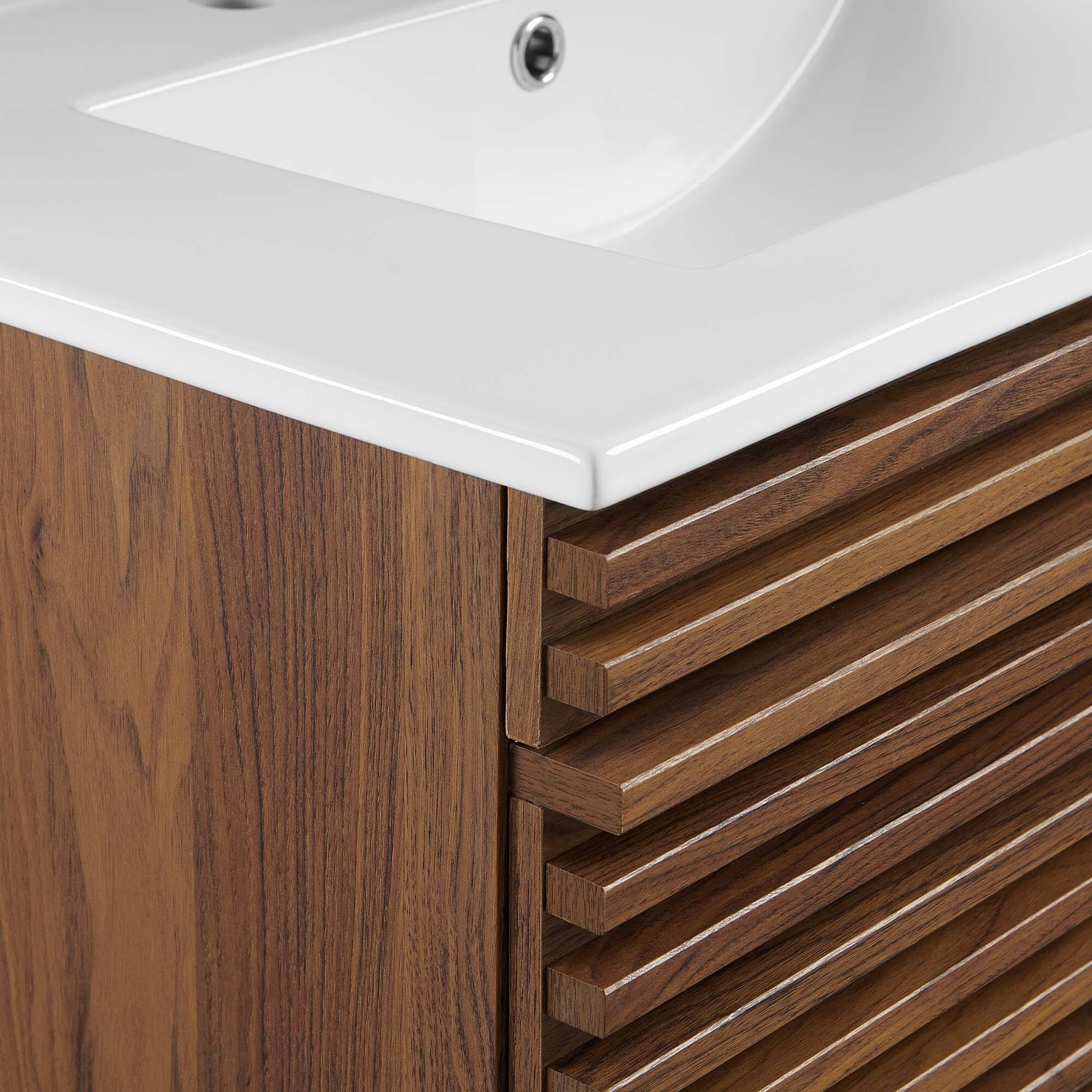 Alt View 6. Modway - Render Wall-Mount Bathroom Vanity with White Basin Included - Walnut White.