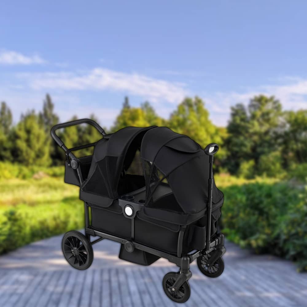 Hivvago - Dual Seat Foldable Kids Wagon Stroller with Convertible Push and Pull Adjustable Handlebar - Black