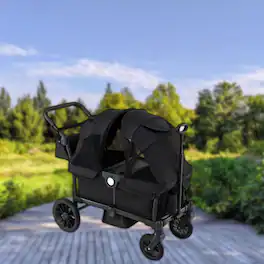 Hivvago - Dual Seat Foldable Kids Wagon Stroller with Convertible Push and Pull Adjustable Handlebar - Black