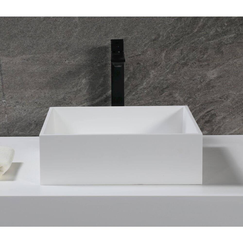 Left. Alfi - 14" Square White Matte Solid Surface Resin Sink - White.