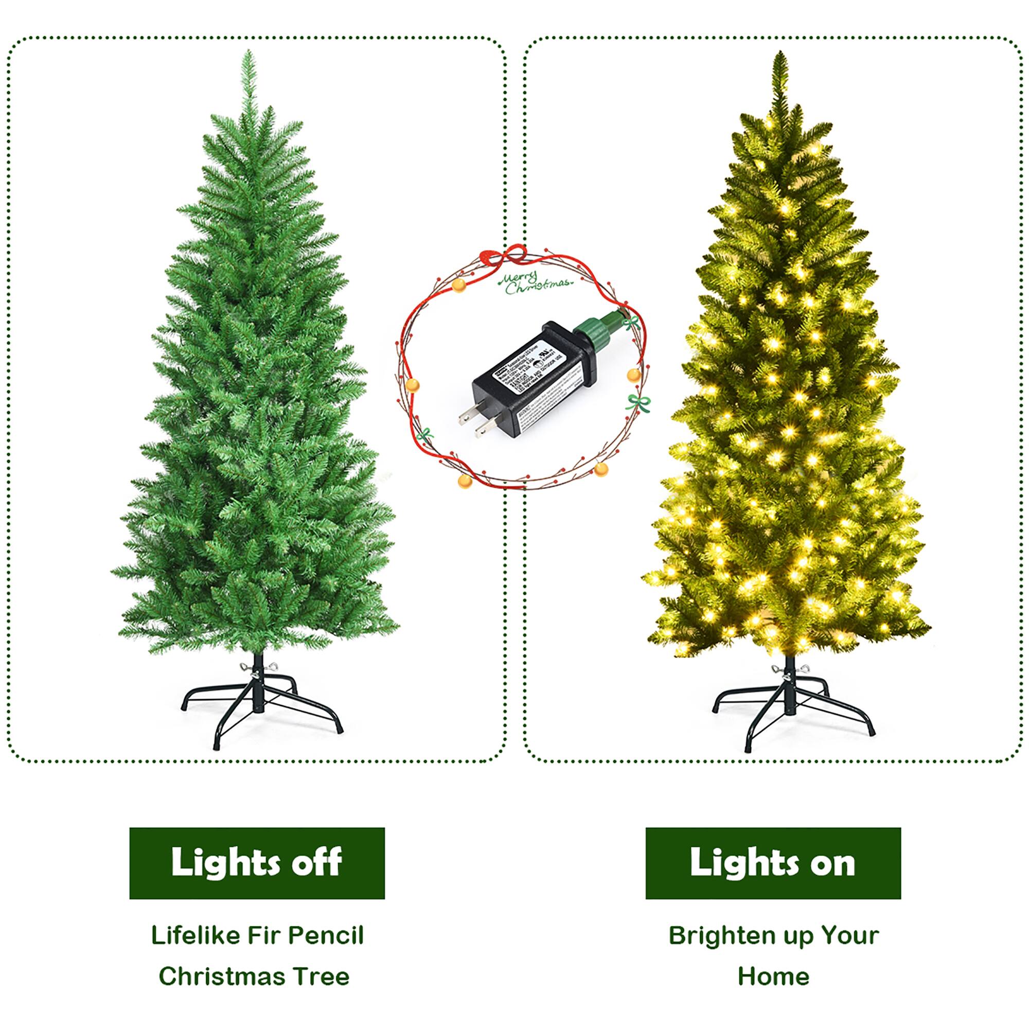 Users can choose between two different types of Christmas trees: one with lights off and one with lights on. The lights off tree is a lifelike fir pencil tree, while the lights on tree is a brighten up your home tree.