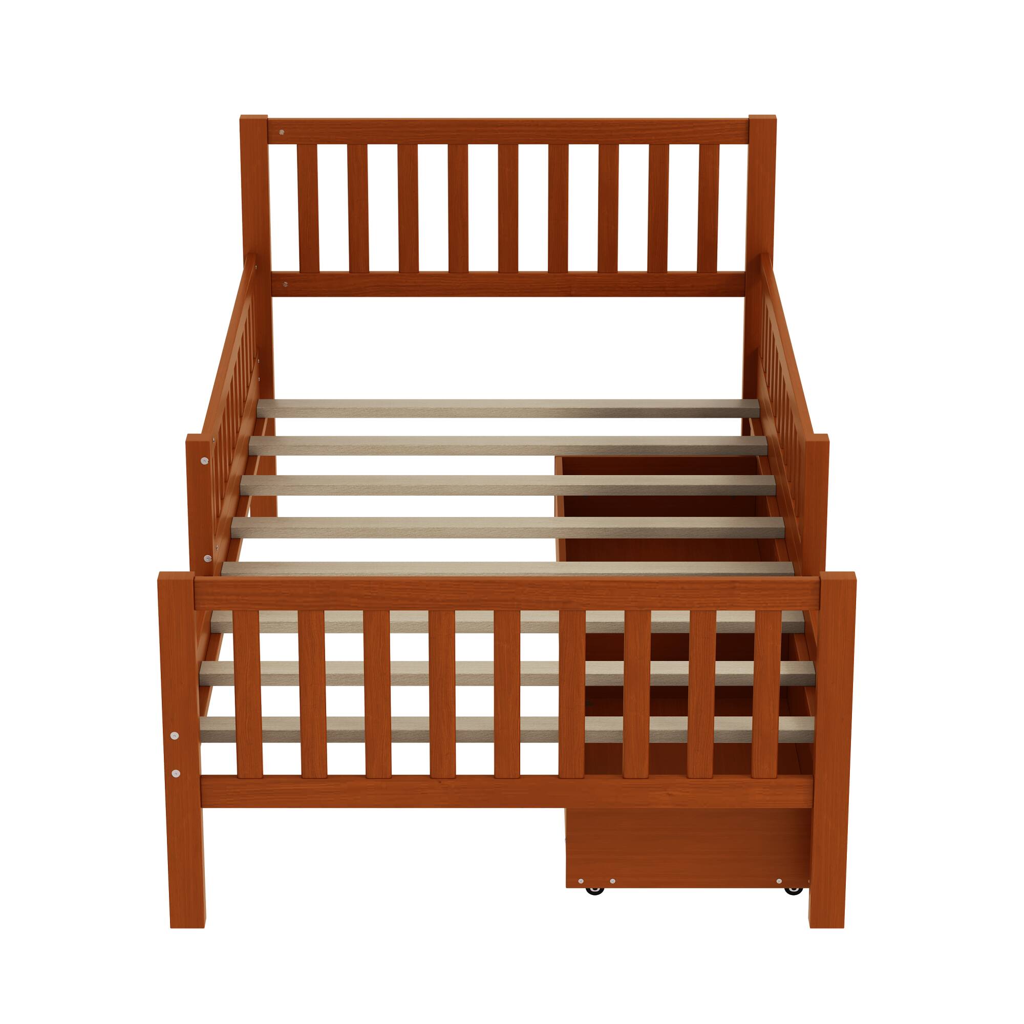 Alt View 5. GOODSILO - Twin Size Wood Platform Bed with Dual Guardrails and Underbed Storage Drawers for Enhanced Safety and Organization - Walnut.