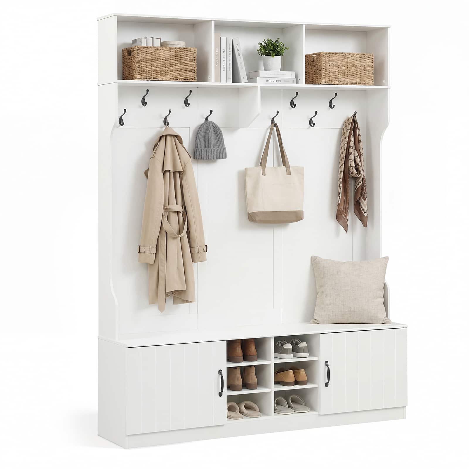 Costway- 6-in-1 Hall Tree wirh Bench Storage Adjustable Shelves Hanging Hooks Shoe Cubbies- White
