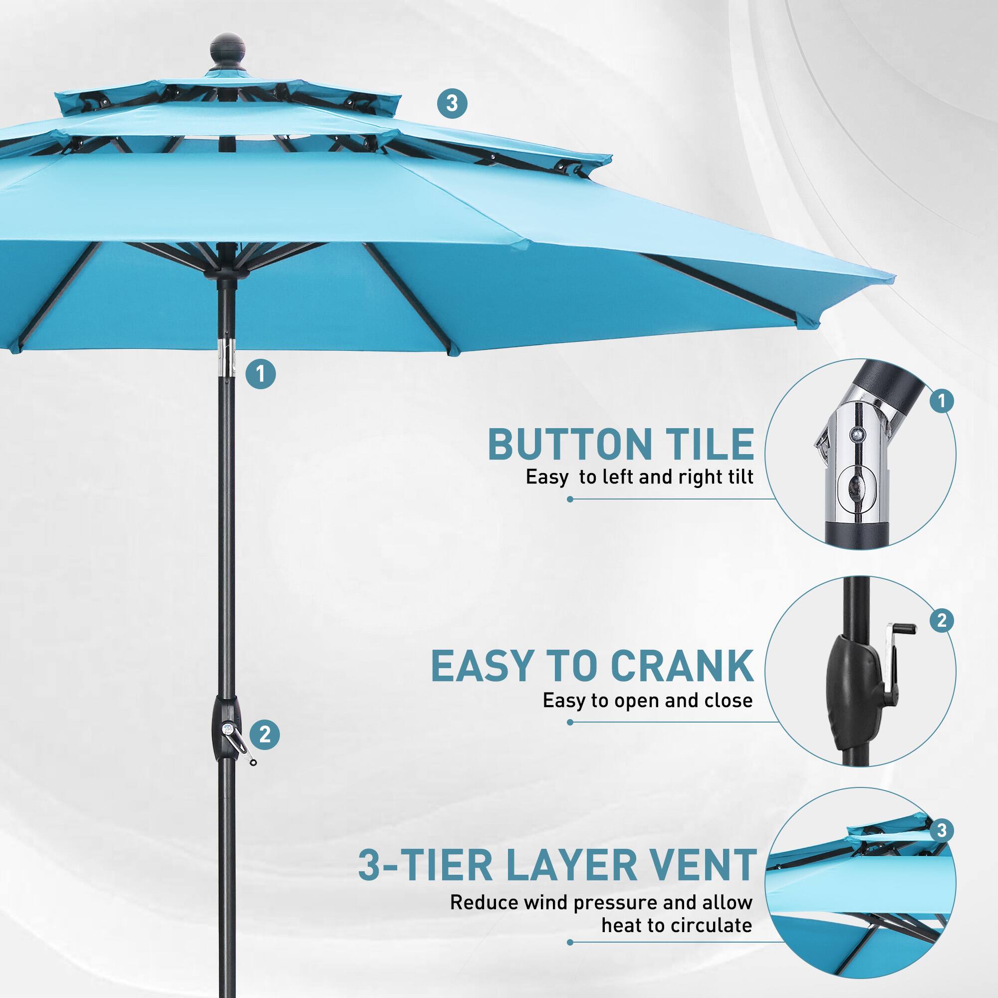 1 BUTTON TILE Easy to left and right tilt
2 EASY TO CRANK Easy to open and close
3 3-TIER LAYER VENT Reduce wind pressure and allow heat to circulate