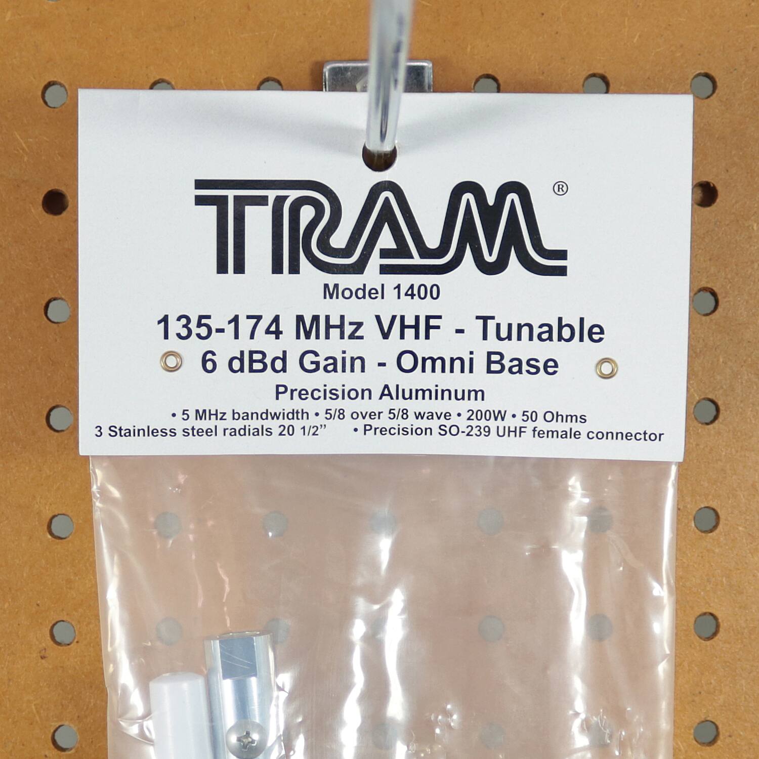 TRAM  
Model 1400  
135-174 MHz VHF - Tunable  
6 dBi Gain - Omni Base  
Precision Aluminum  
5 MHz bandwidth - 5/8 over 5/8 wave - 200W - 50 Ohms  
3 Stainless steel radials 20 1/2"  
Precision SO-239 UHF female connector