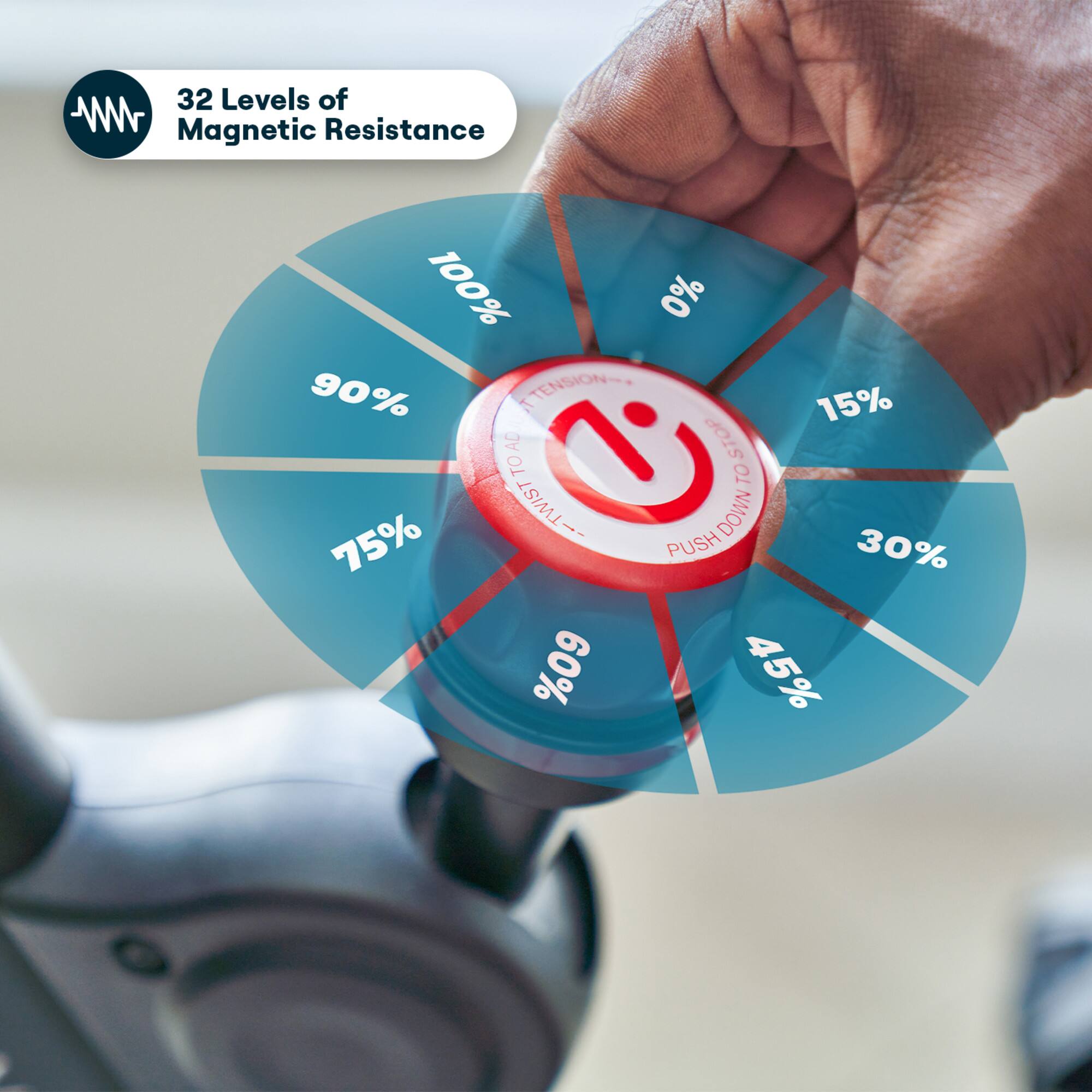 32 Levels of Magnetic Resistance

100%  
90%  
75%  
60%  
45%  
30%  
15%  
0%  

PUSH DOWN TO TWIST