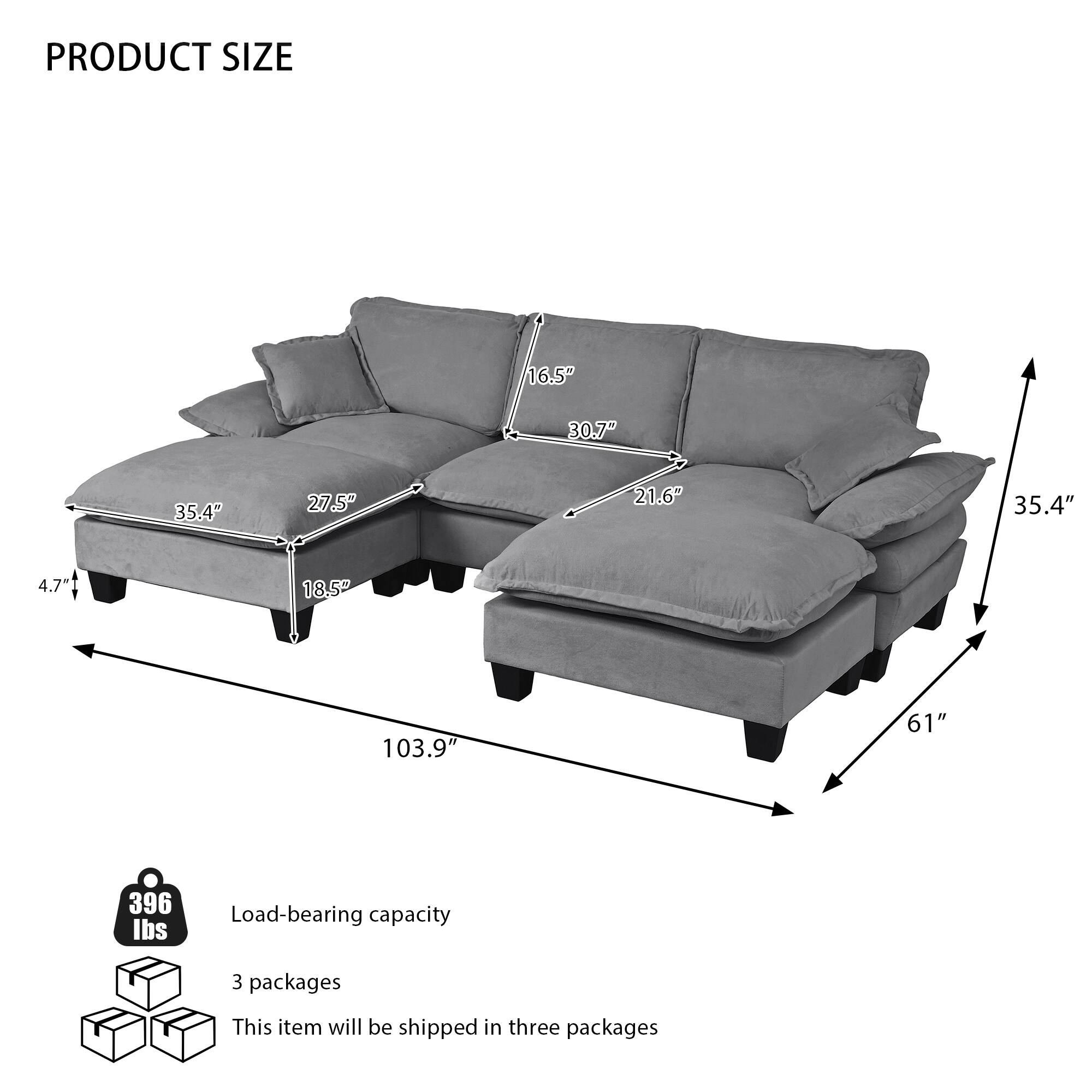 PRODUCT SIZE  
16.5" x 30.7" x 35.4" x 27.5" x 21.6" x 35.4" x 4.7" x 18.5" x 103.9" x 61" x 35.4"  

Load-bearing capacity: 396 lbs  

3 packages  
This item will be shipped in three packages