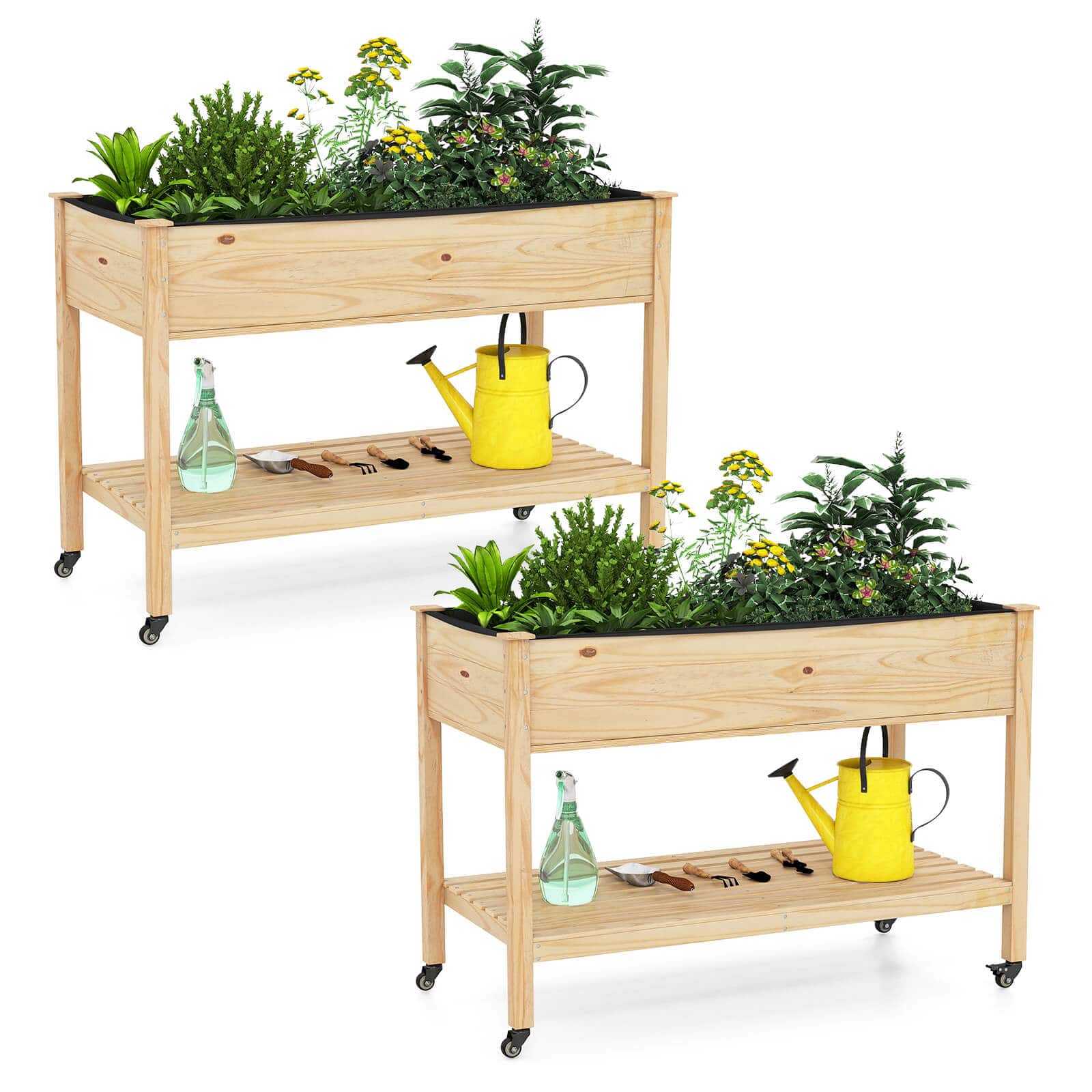 Costway - 2 PCS Wooden Raised Garden Bed with Legs, Lockable Wheels, Liner for Vegetable Herb - Natural price history on PriceWatchPro