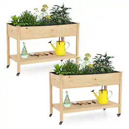 Costway - 2 PCS Wooden Raised Garden Bed with Legs, Lockable Wheels, Liner for Vegetable Herb - Natural