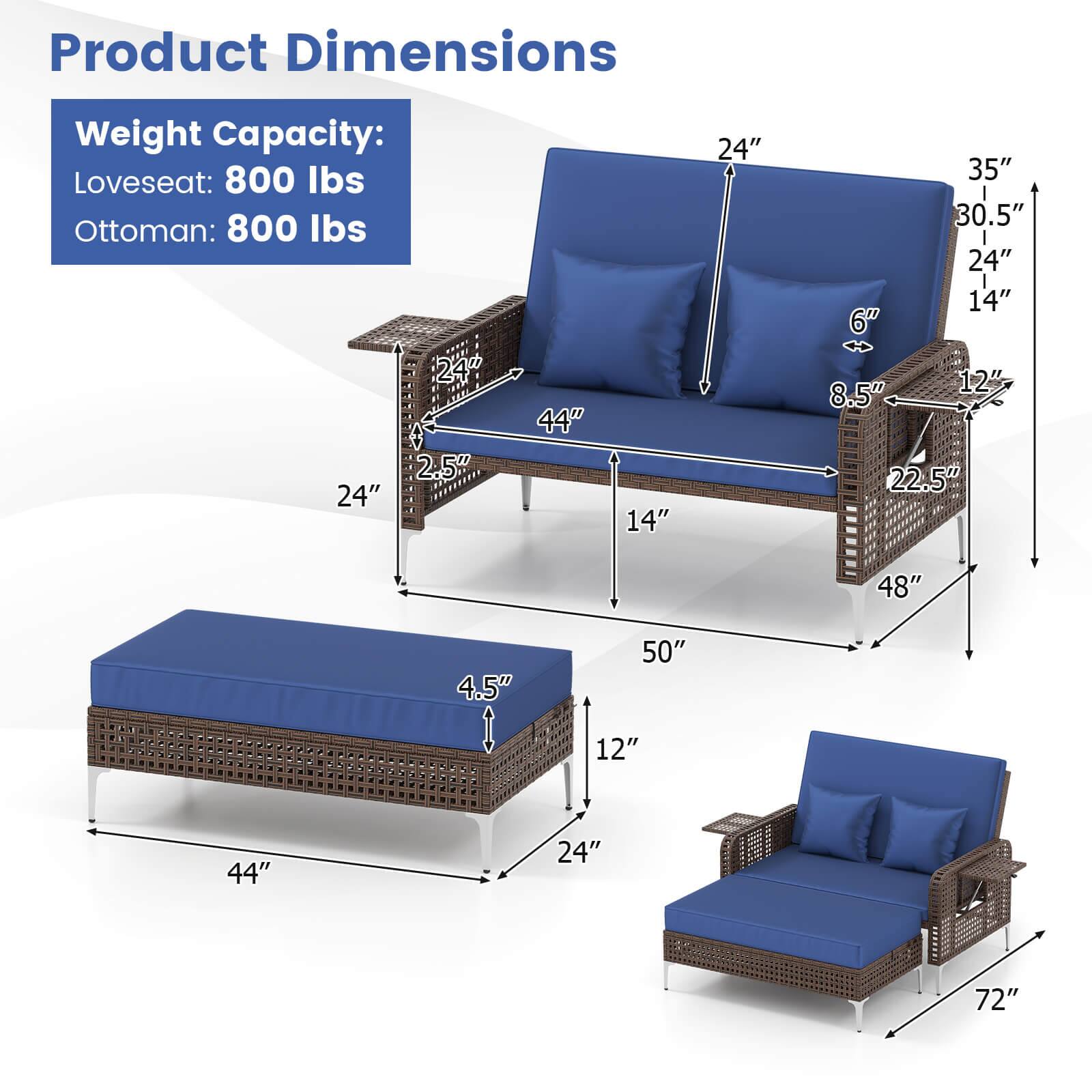 Product Dimensions

Weight Capacity:
- Loveseat: 800 lbs
- Ottoman: 800 lbs

Dimensions:
- Loveseat: 72" W x 35" H x 48" D
- Ottoman: 44" W x 14" H x 24" D
- Seat Height: 14"
- Arm Height: 24"
- Back Height: 30.5"
- Seat Depth: 24"
- Armrest Width: 8.5"
- Ottoman Height: 4.5"
- Ottoman Depth: 12"