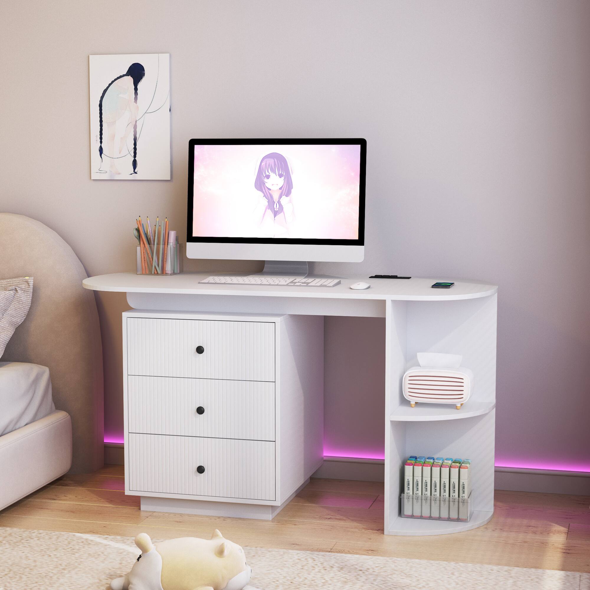 Left. GOODSILO - Expandable Home Office Desk with Storage Drawers, Bookshelf, and Built-in Power Outlets for Modern Workspaces - White.