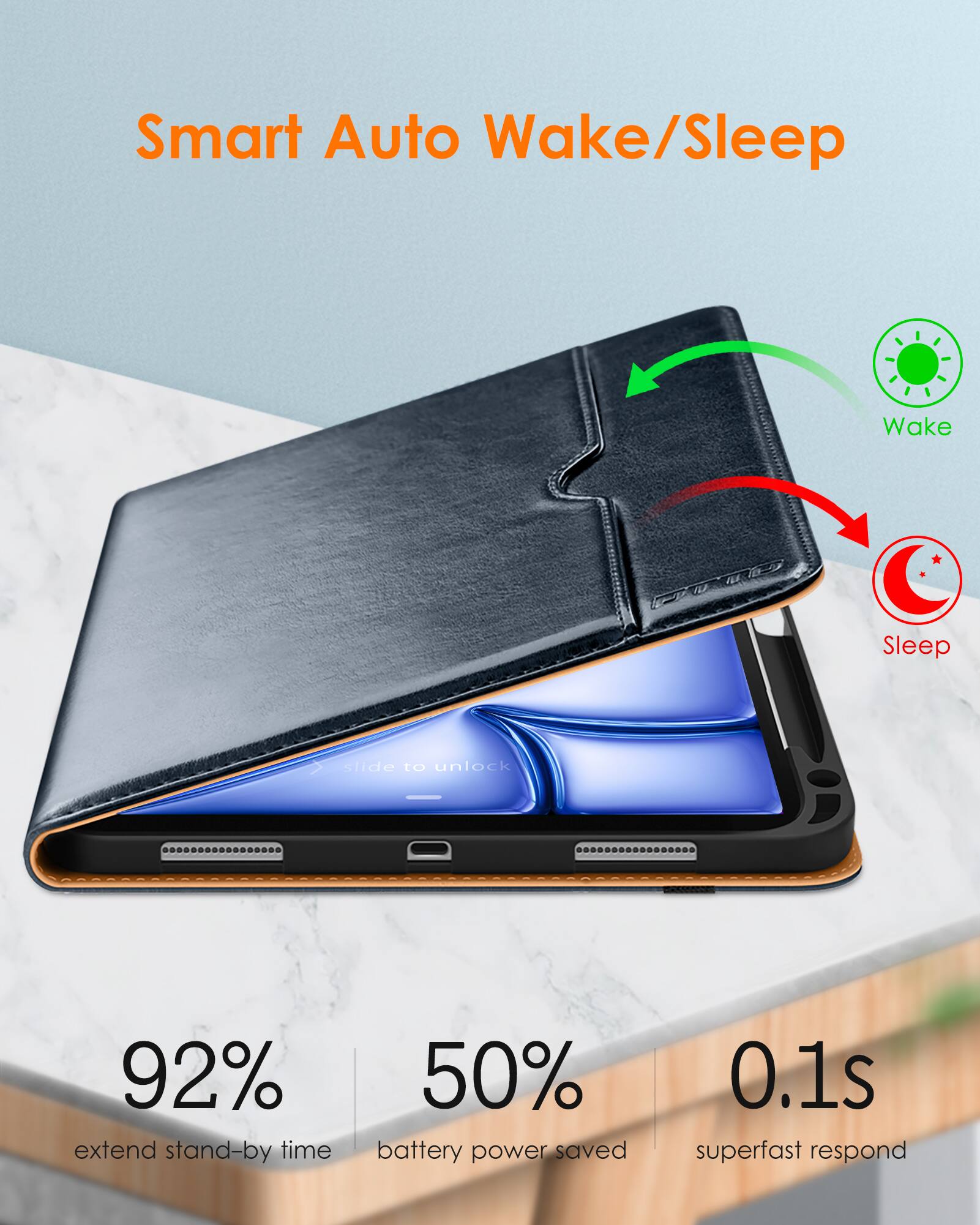 Smart Auto Wake/Sleep

- 92% extend stand-by time
- 50% battery power saved
- 0.1s superfast respond

slide to unlock