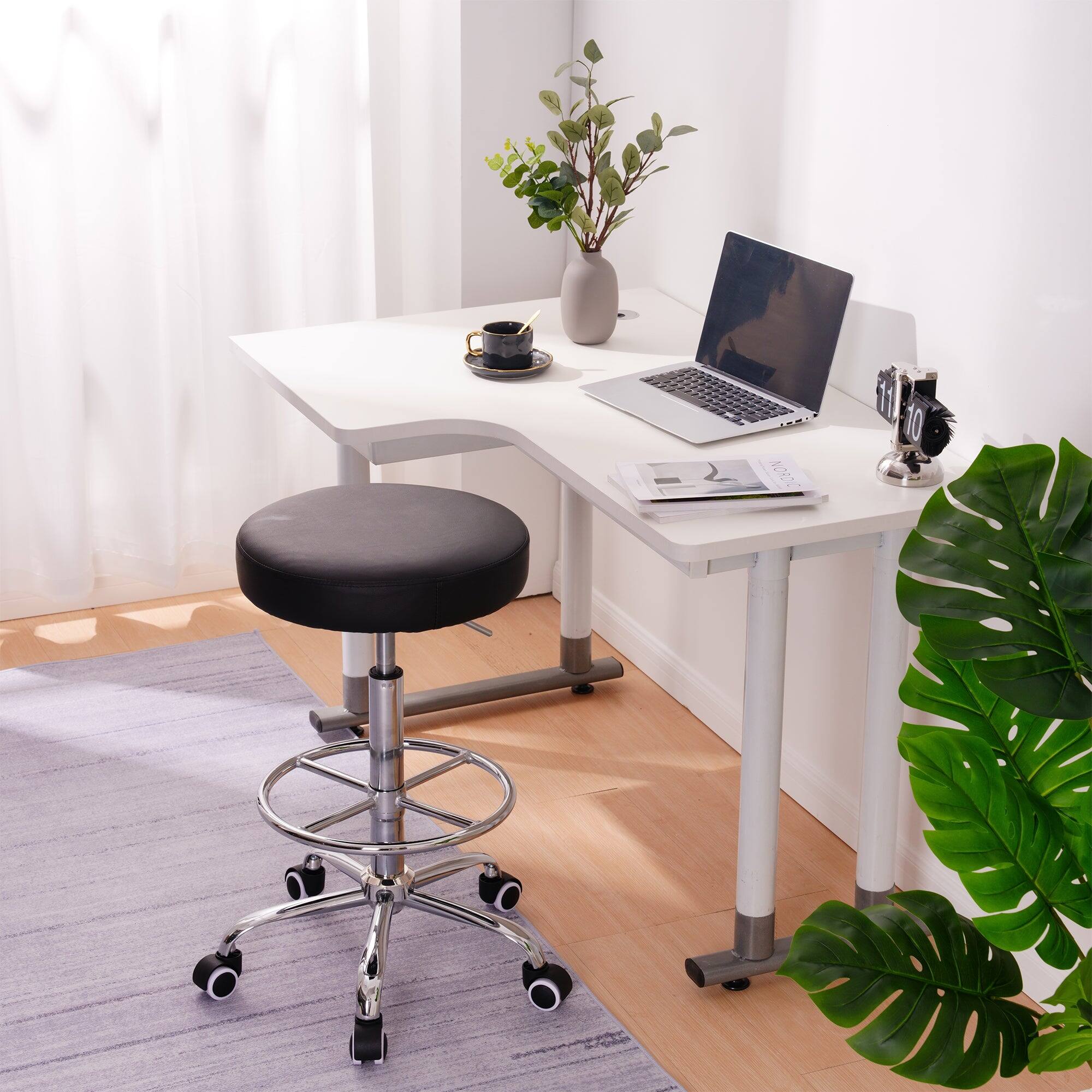 Back. Vecelo - Adjustable Height Swivel Stool with Footrest - PU Leather Rolling Stool Salon Stools,330lb Capacity - Black.