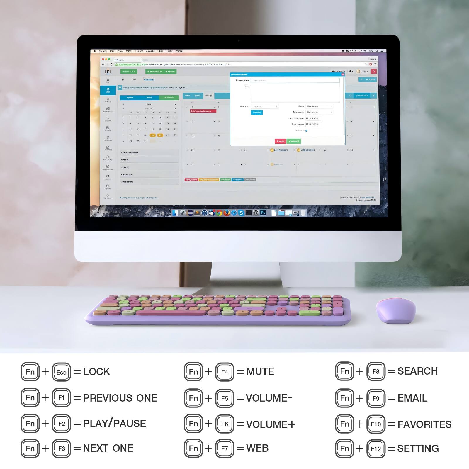 Fn + Esc = LOCK  
Fn + F1 = PREVIOUS ONE  
Fn + F2 = PLAY/PAUSE  
Fn + F3 = NEXT ONE  
Fn + F4 = MUTE  
Fn + F5 = VOLUME-  
Fn + F6 = VOLUME+  
Fn + F7 = WEB  
Fn + F8 = SEARCH  
Fn + F9 = EMAIL  
Fn + F10 = FAVORITES  
Fn + F12 = SETTING