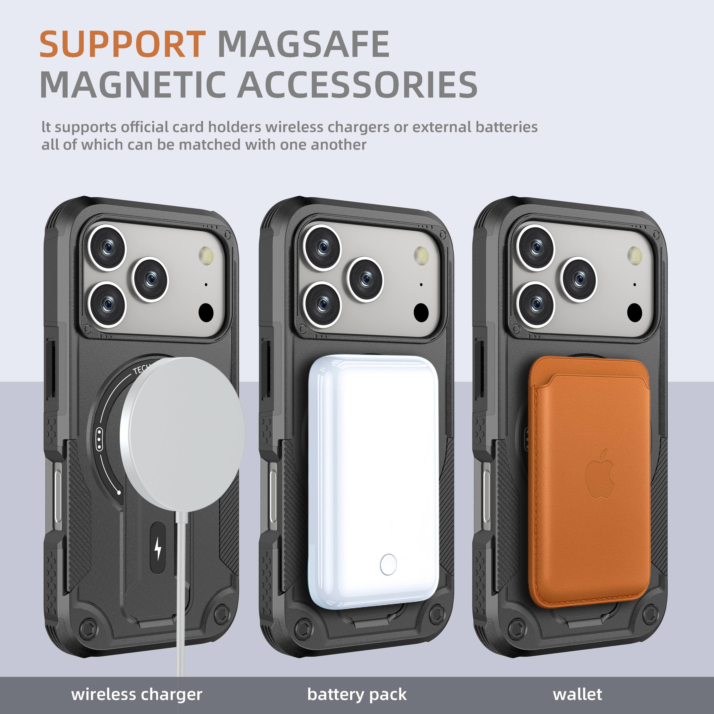 SUPPORT MAGSAFE MAGNETIC ACCESSORIES

It supports official card holders, wireless chargers, or external batteries, all of which can be matched with one another.

wireless charger  
battery pack  
wallet