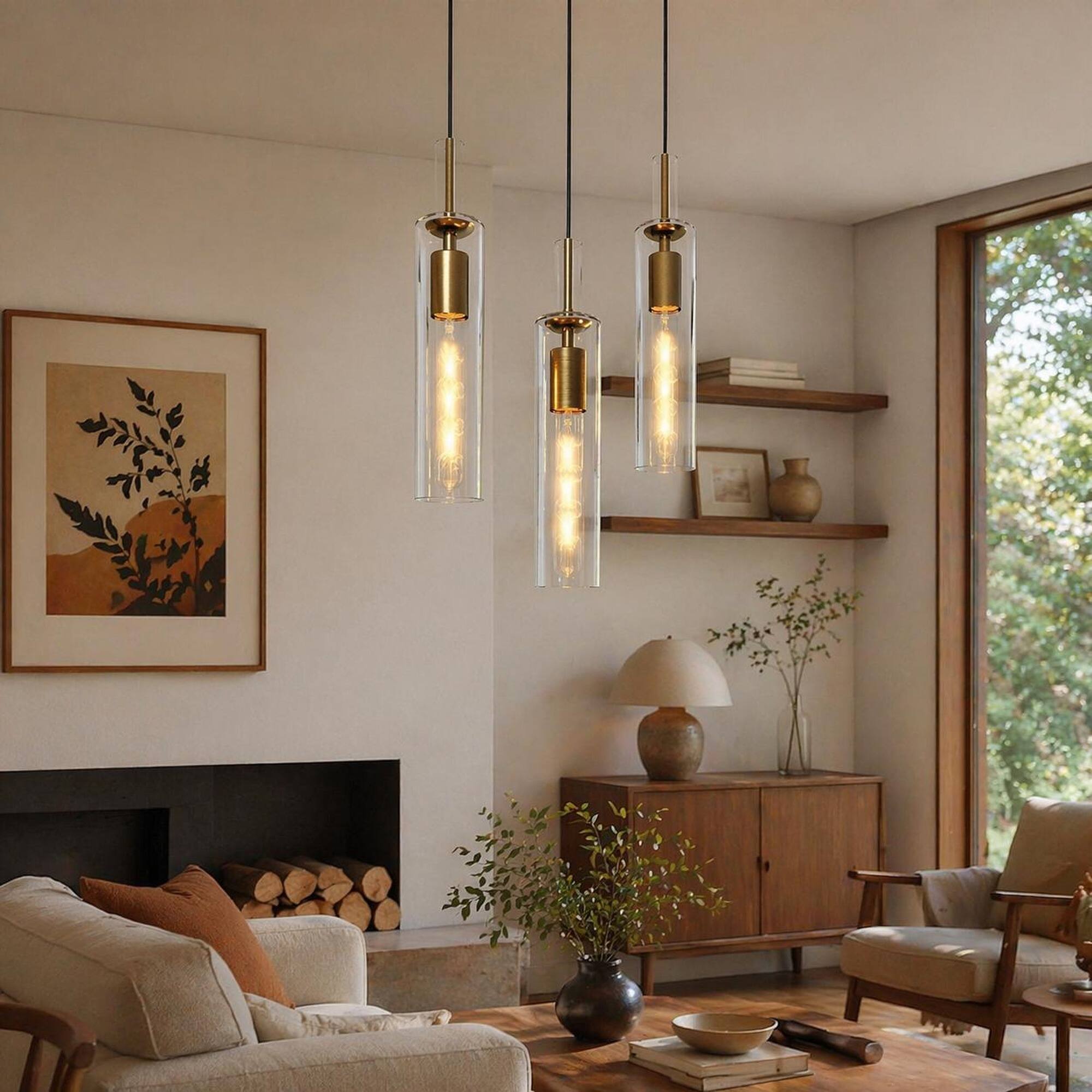 Left. RYHNUYNE - Set of 3 Gold Pendant Lights with Clear Ribbed Glass Shades, Adjustable Ceiling Hanging Lamps for Kitchen Island.