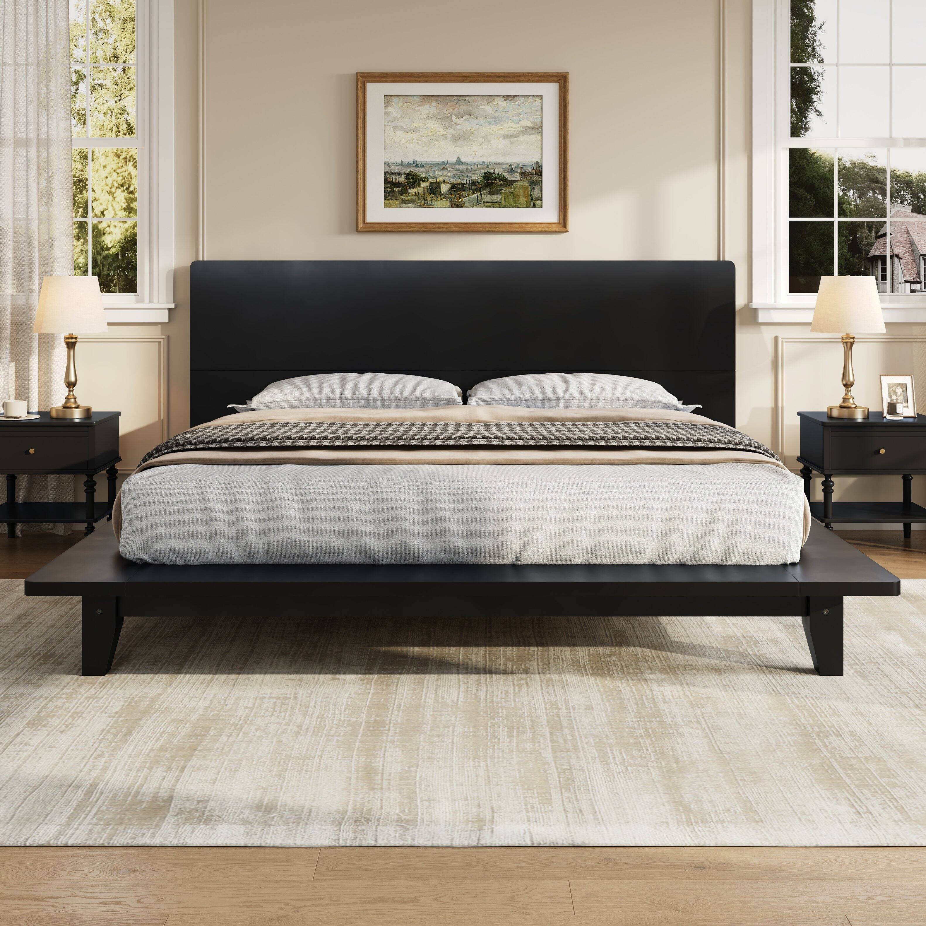 Left. Whisen - Wood Platform Bed Frame with Headboard, Sturdy Bed Support for Bedroom - Black.