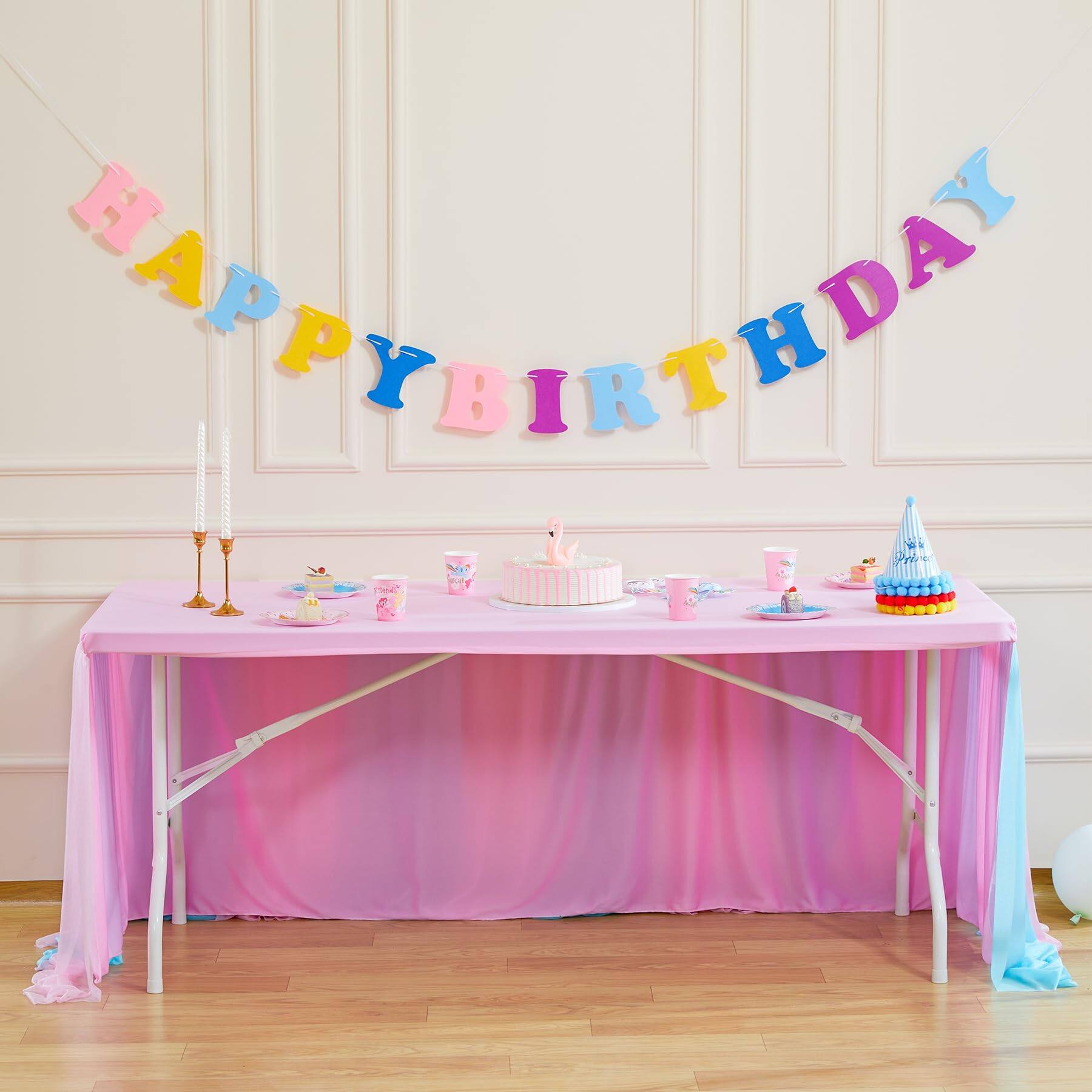 Alt View 4. Dapper Styles - Tulle Tablecloth For Rectangle Tables 3 Sides Wedding Birthday Party Shower Cake Dessert Buffet Banquet Tab... - Blue Pink-72" x 30" (Rectangular).