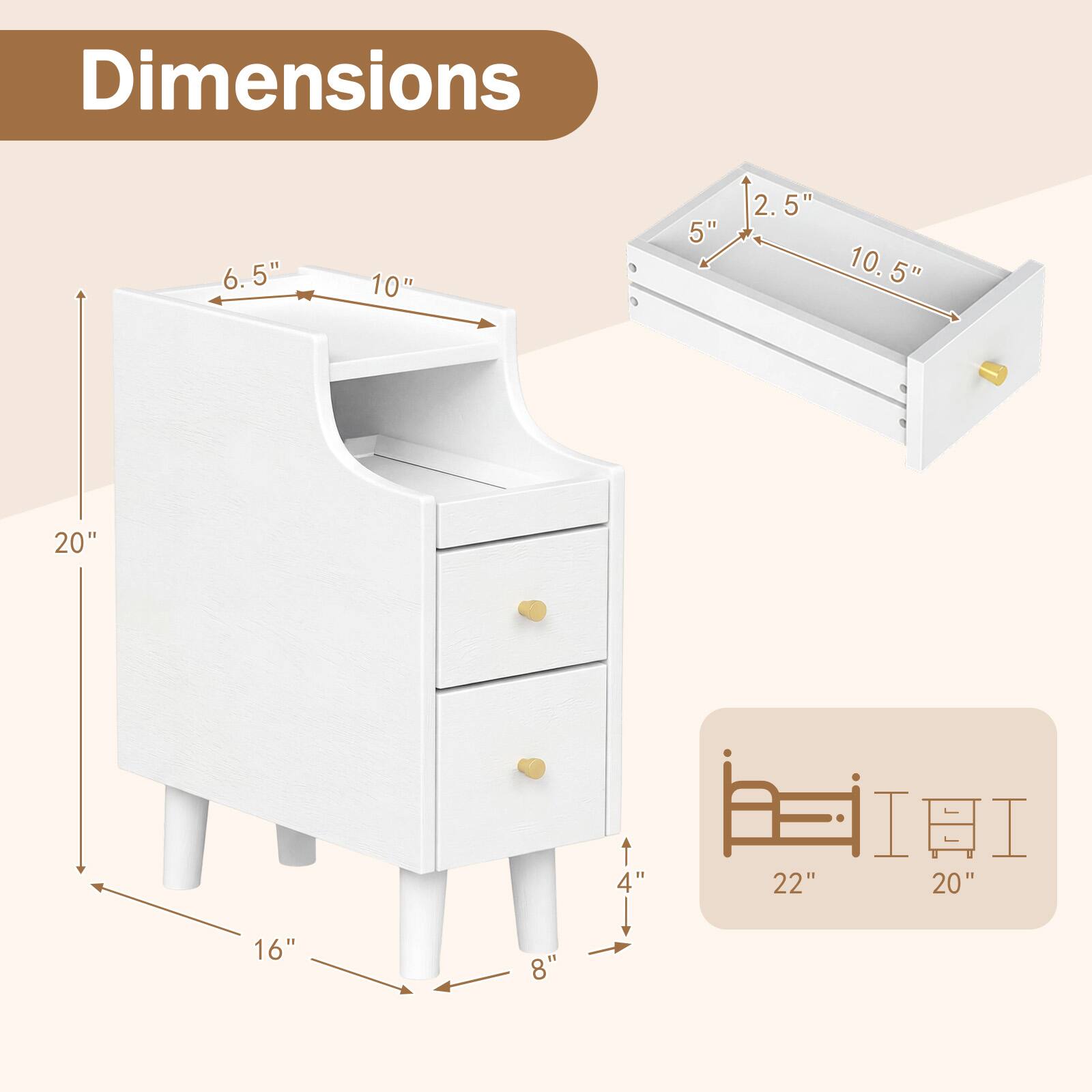 Dimensions:  
- 6.5"  
- 10"  
- 20"  
- 16"  
- 8"  
- 4"  
- 22"  
- 20"  
- 10.5"  
- 5"  
- 2.5"