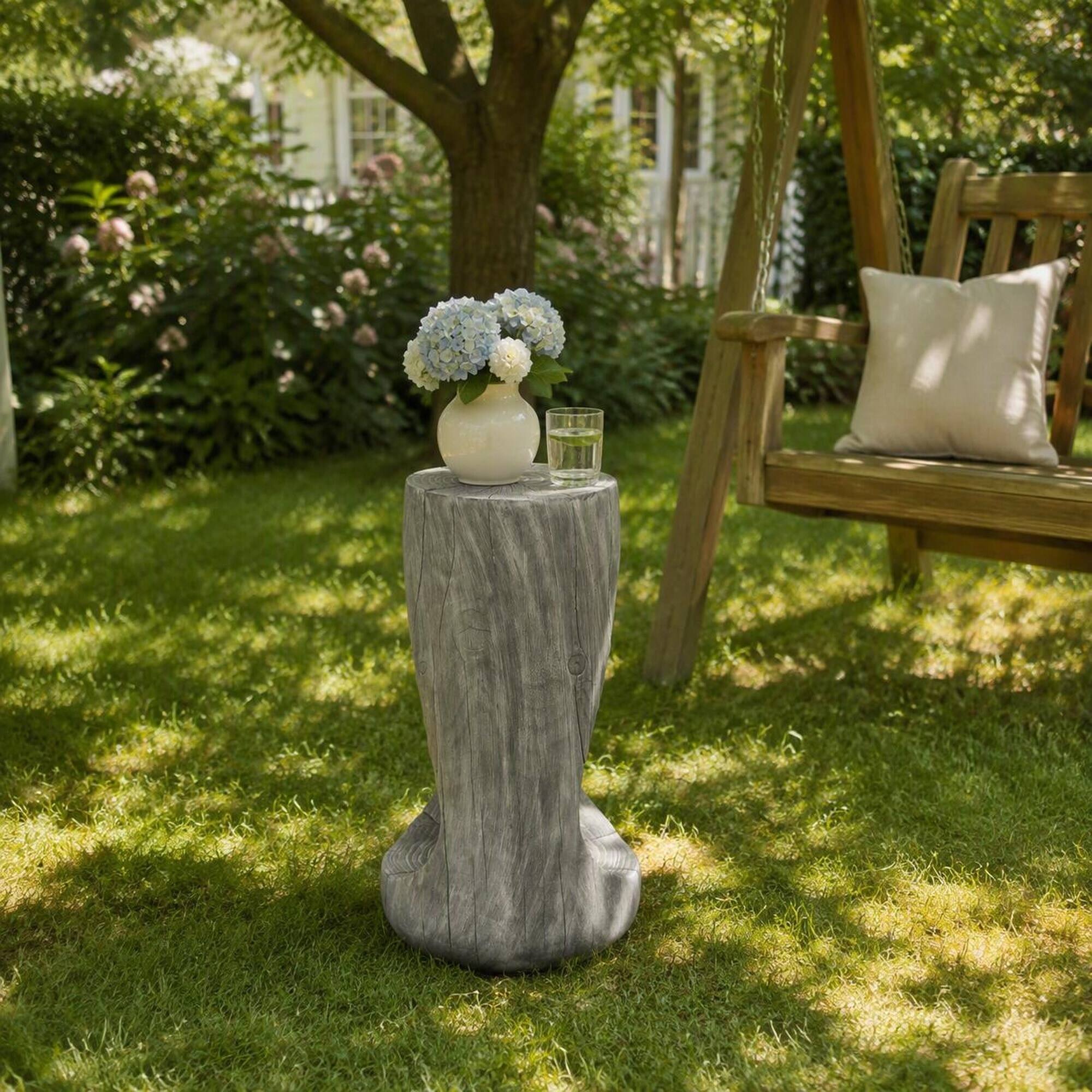 Alt View 2. RYHNUYNE - Outdoor Side Table with Wood-Grain Finish, Hollow Design Accent Stool for Patio Balcony Poolside - Gray.