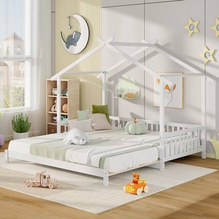 Front. Gymax - Gymax Wooden House Bed Twin to King Daybed w/ Safety Rails & Decorable Roof White - White.