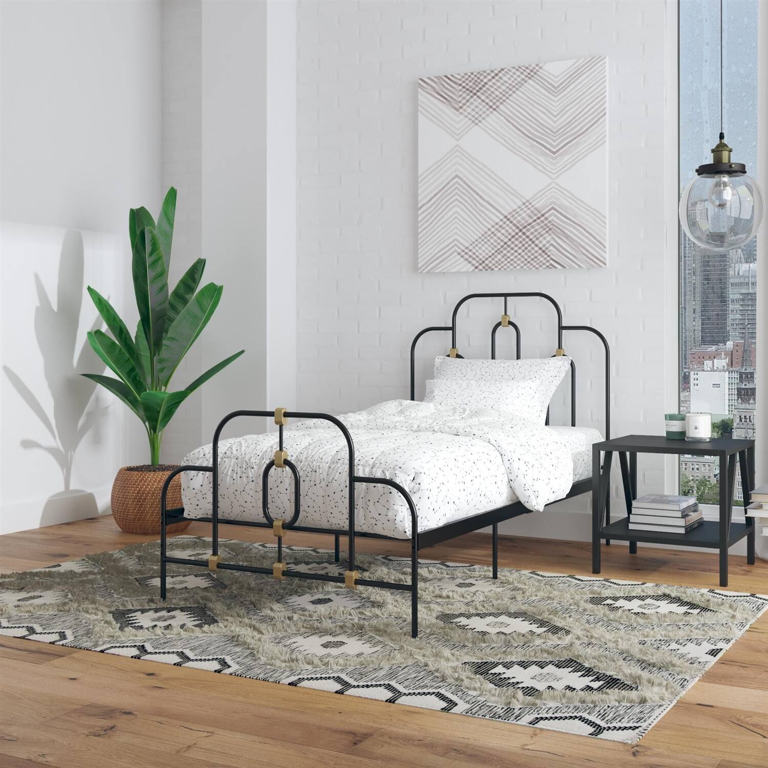 Angle. Hivvago - Twin size Farmhouse Adjustable Height Platform Bed in Black Gold Metal Finish - Black.