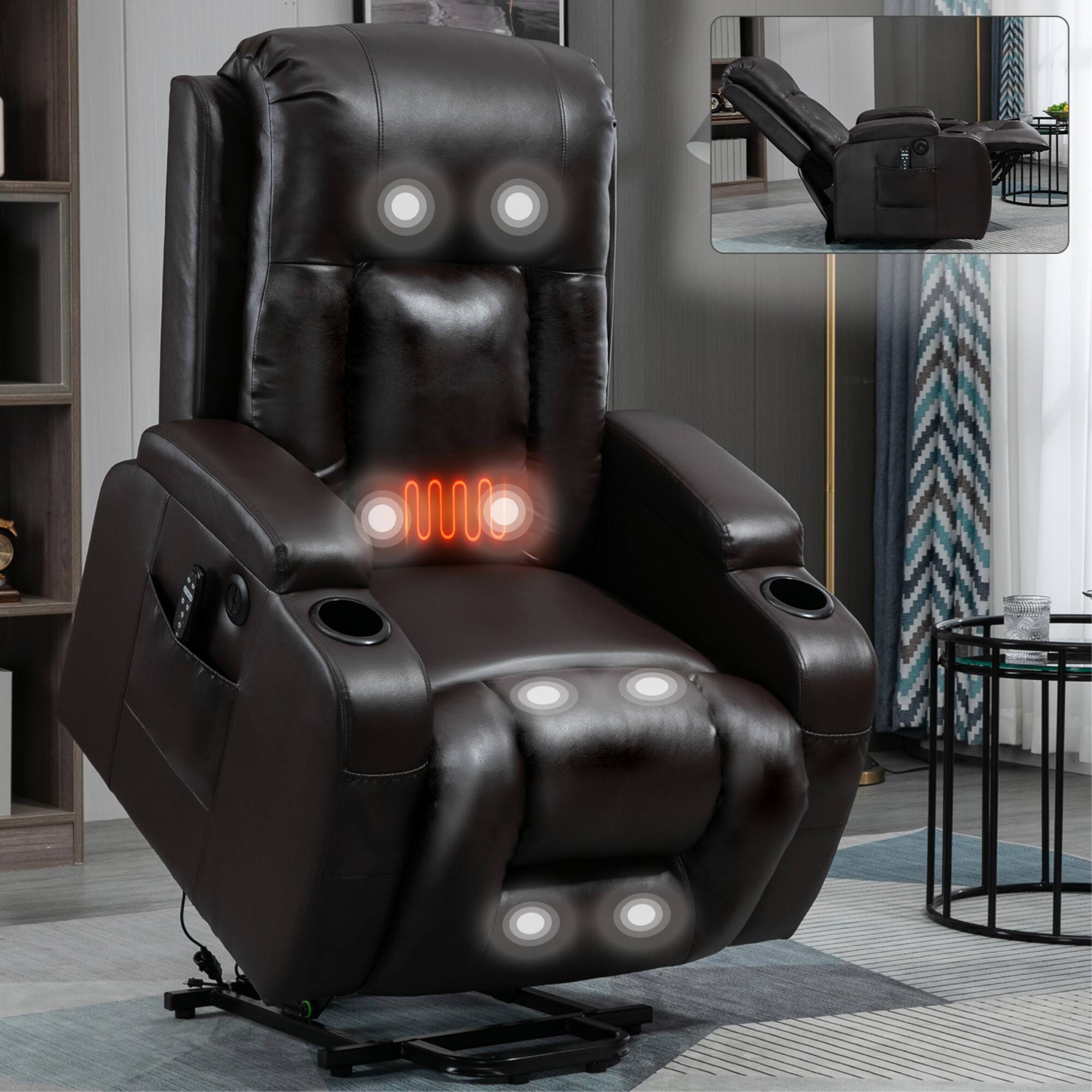 Alt View 7. LUCKY ONE - PU Single Motor Power Lift Recliner Chair with Massage and Heat, Infinite Position, USB, Cup Holder - Brown.