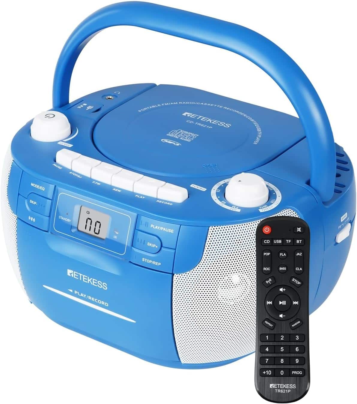 Retekess - TR621P CD Player Boombox, Cassette Tape Player | for Home, Wireless, AM/FM, Remote Control, Stereo Sound, Tape - Blue