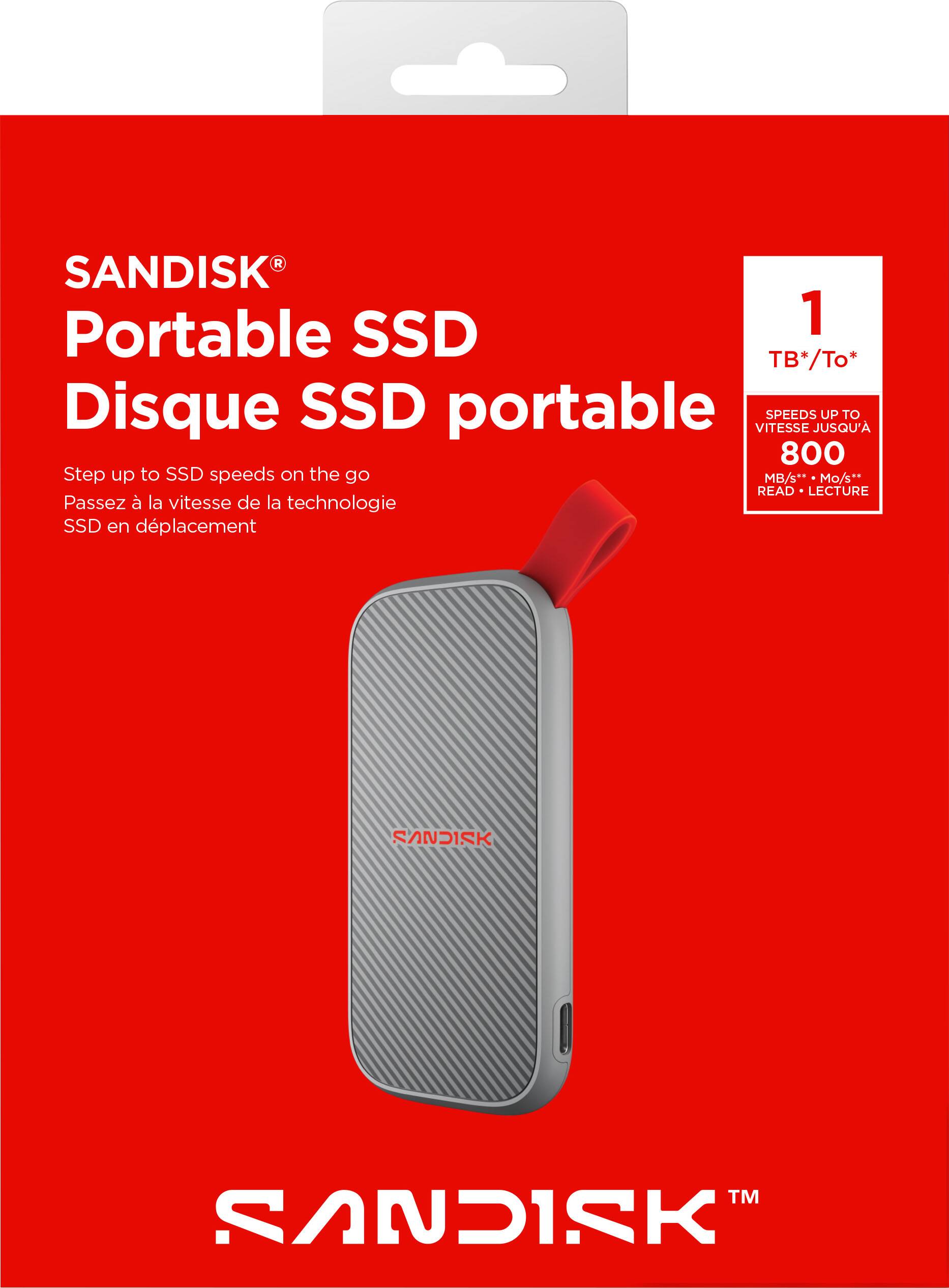 The text on the image can be grouped and corrected as follows:

**Product Name:**
- SANDISK Portable SSD

**Storage Capacity:**
- 1 TB/1 To*

**Speed:**
- SPEEDS UP TO 800 MB/s** READ

**Description:**
- Step up to SSD speeds on the go
- Passez la vitesse de la technologie SSD en déplacement

**Additional Information:**
- SANDISK™

**Note:**
- MB/s** • Mo/s** E
- READ • LECTURE

This ensures that the text is clear, concise, and correctly formatted.
