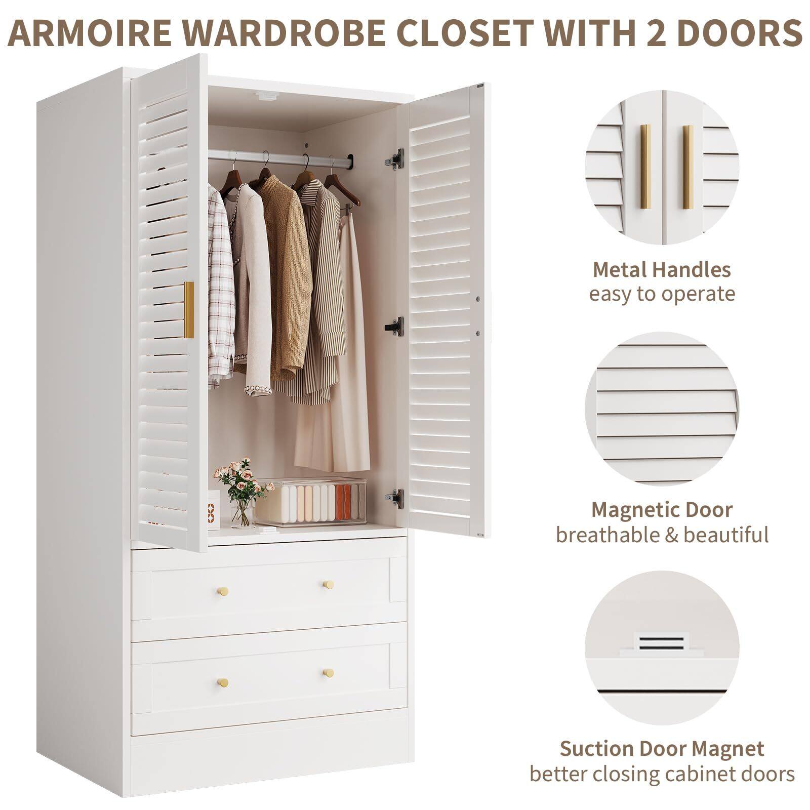 ARMOIRE WARDROBE CLOSET WITH 2 DOORS

- Metal Handles easy to operate
- Magnetic Door breathable & beautiful
- Suction Door Magnet better closing cabinet doors
