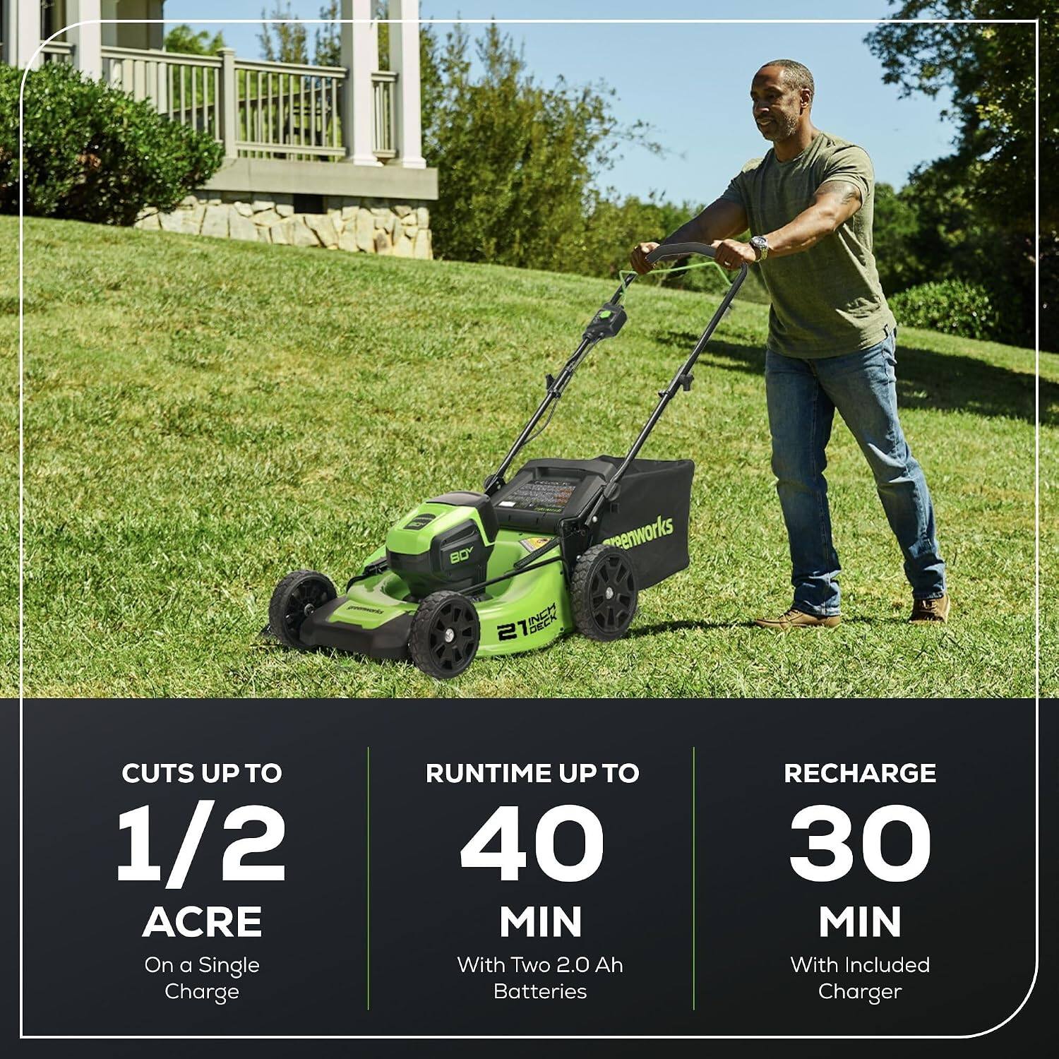 BOY eenworks INCA DECK 21" CUTS UP TO 1/2 ACRE On a Single Charge RUNTIME UP TO 40 MIN With Two 2.0 Ah Batteries RECHARGE 30 MIN With Included Charger