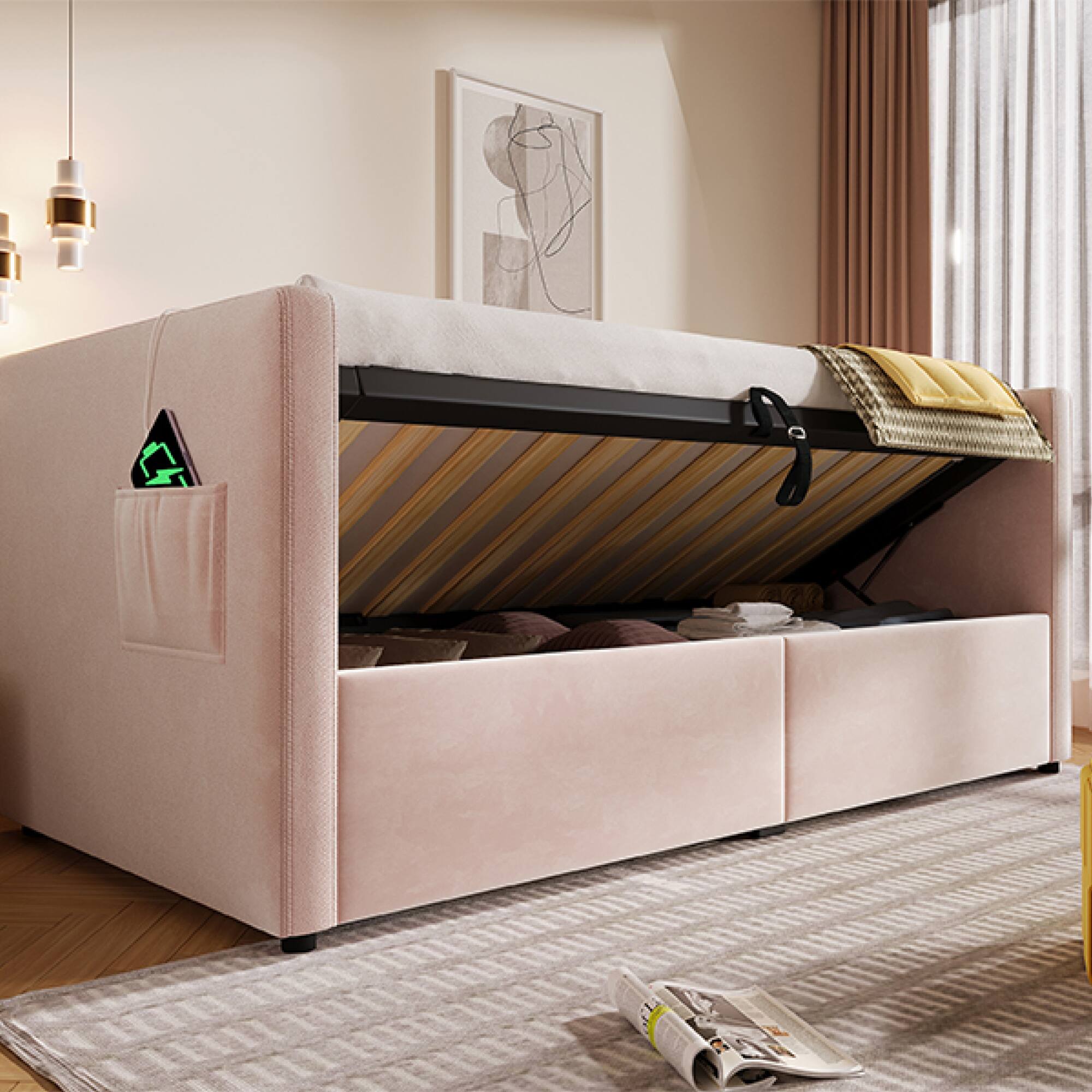 Alt View 8. GOODSILO - Upholstered Twin Size Daybed with Hydraulic Storage and USB Charging, Tufted Sofa Back Design - Pink.