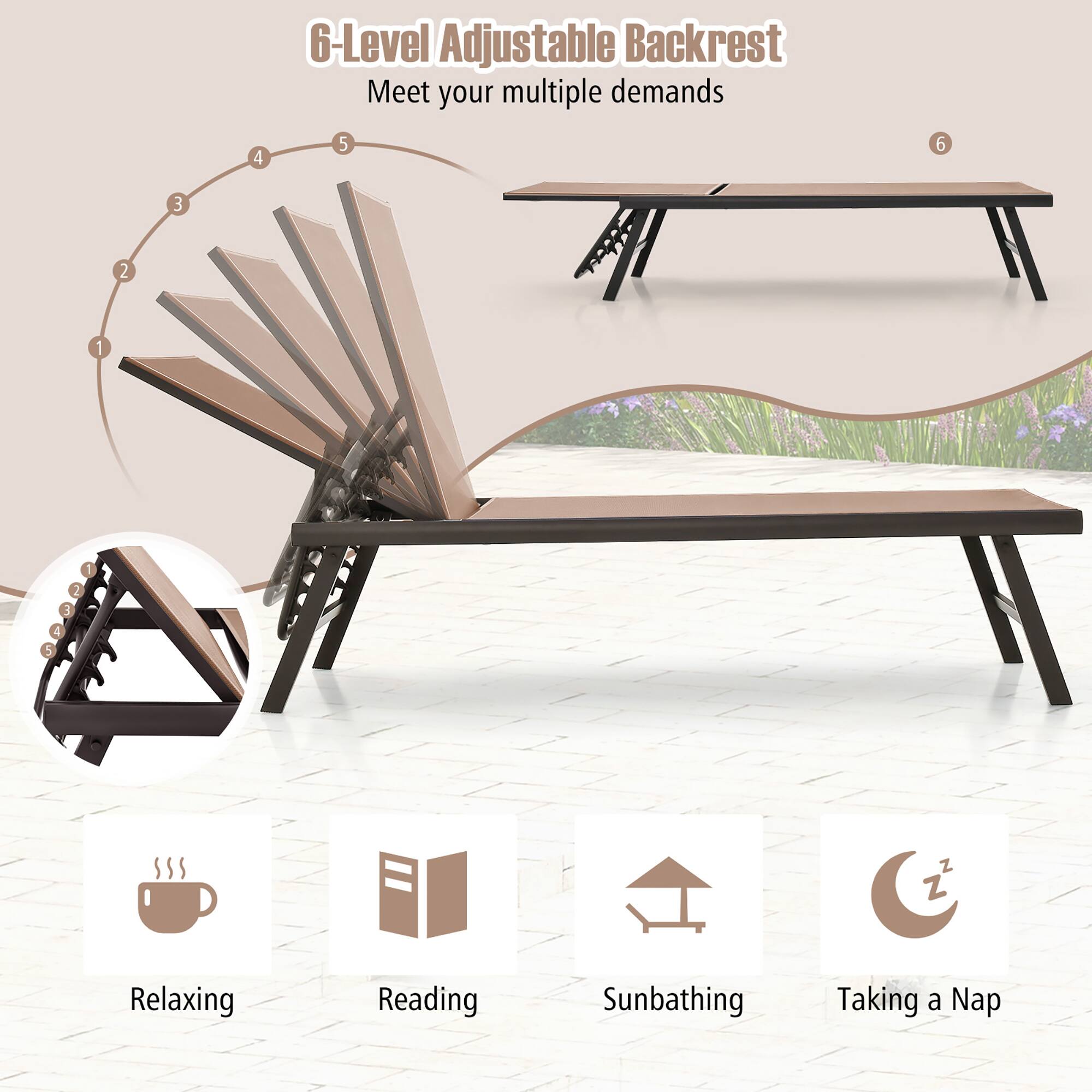 6-Level Adjustable Backrest Meet your multiple demands

Relaxing
Reading
Sunbathing
Taking a Nap