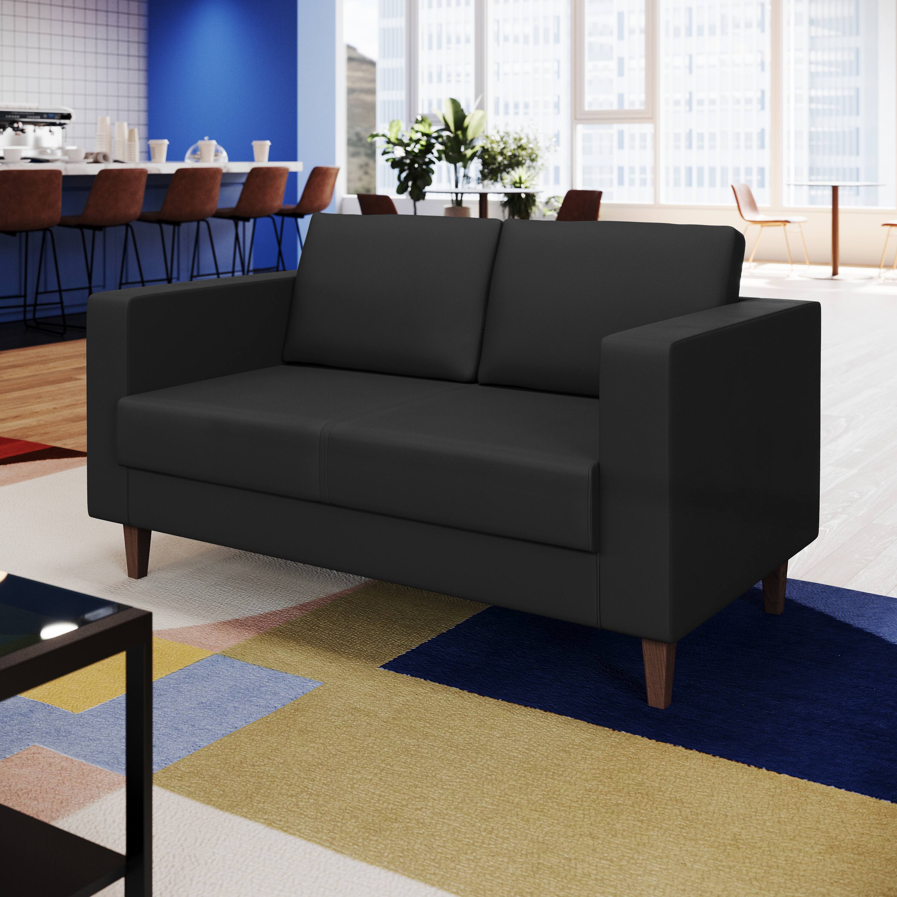 Alt View 2. Flash Furniture - HERCULES Artemis Black LeatherSoft Reception Loveseat with 2 AC Outlets/1 USB/1 USB-C Ports and Solid Wood Walnut Legs w - Black.